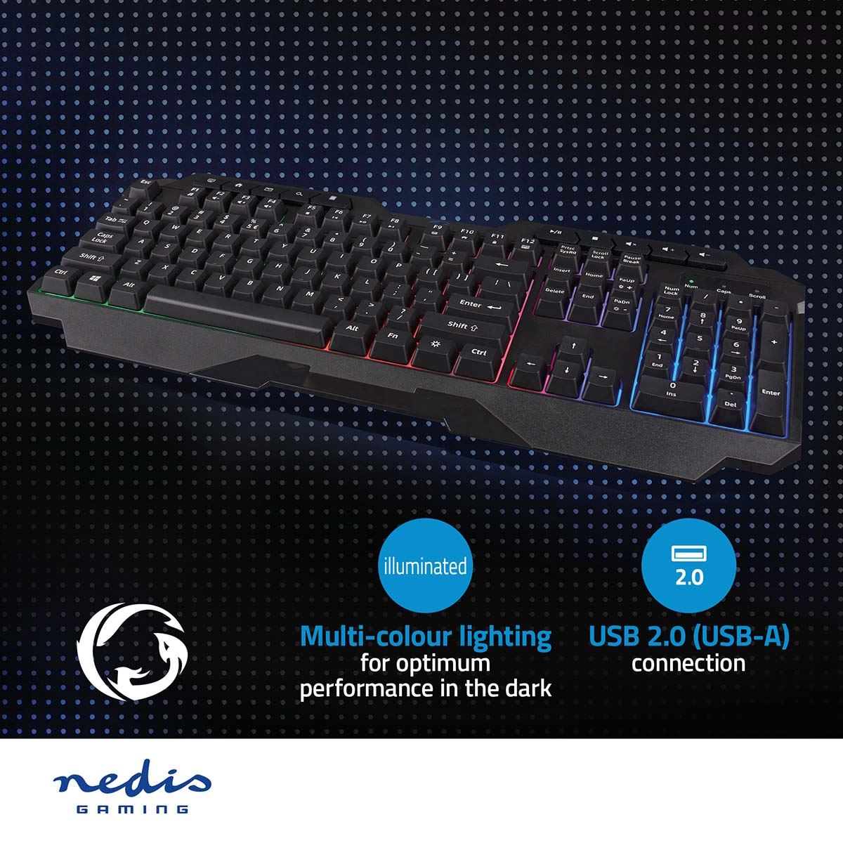 Nedis Wired Gaming Keyboard | USB Type-A | Membrane Keys | LED | QWERTY | US Layout | USB Powered | Power cable length: 1.30 m | Multimedia