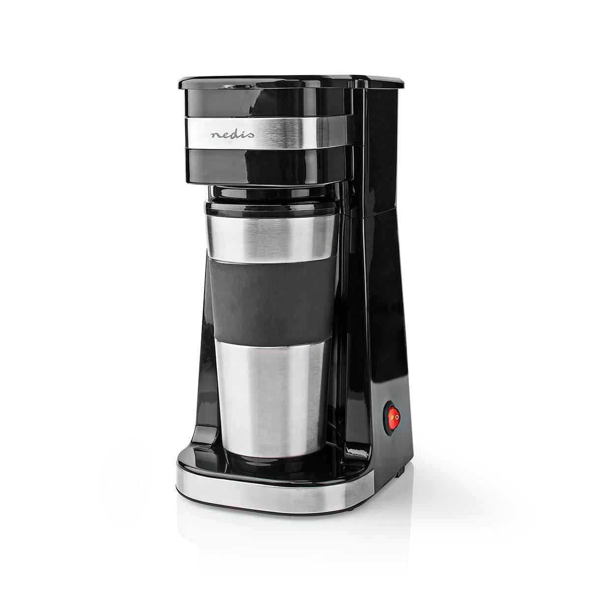 Nedis Single Serve Coffee Maker with 400ml Travel Mug, Double Wall Insulated, Stainless Steel, with Reusable Filter