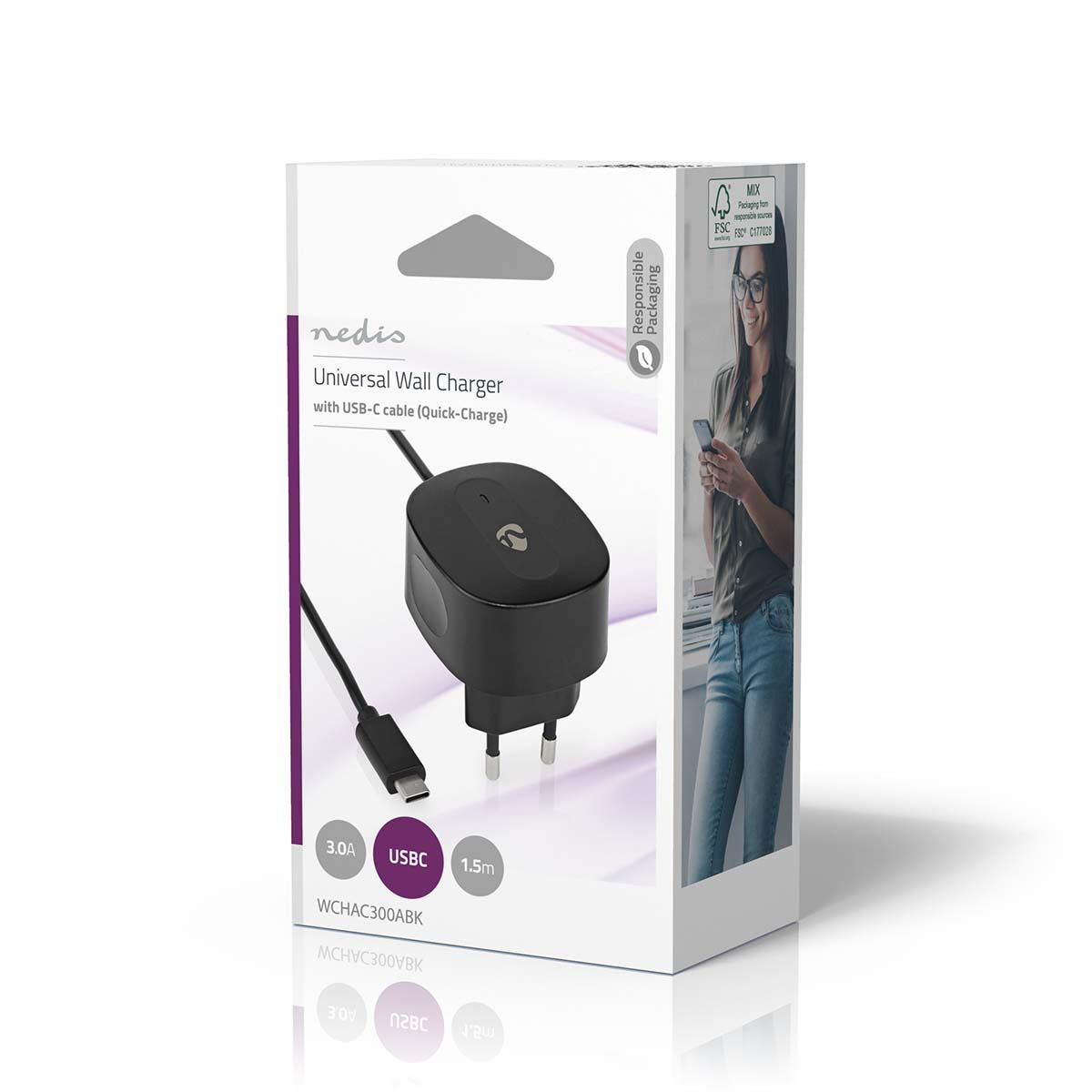 Nedis Wall Charger | 15 W | Quick charge feature | 1x 3.0 A | Number of outputs: 1 | USB-C™ (Fixed) Cable | 1.50 m | Single Voltage Output | Black