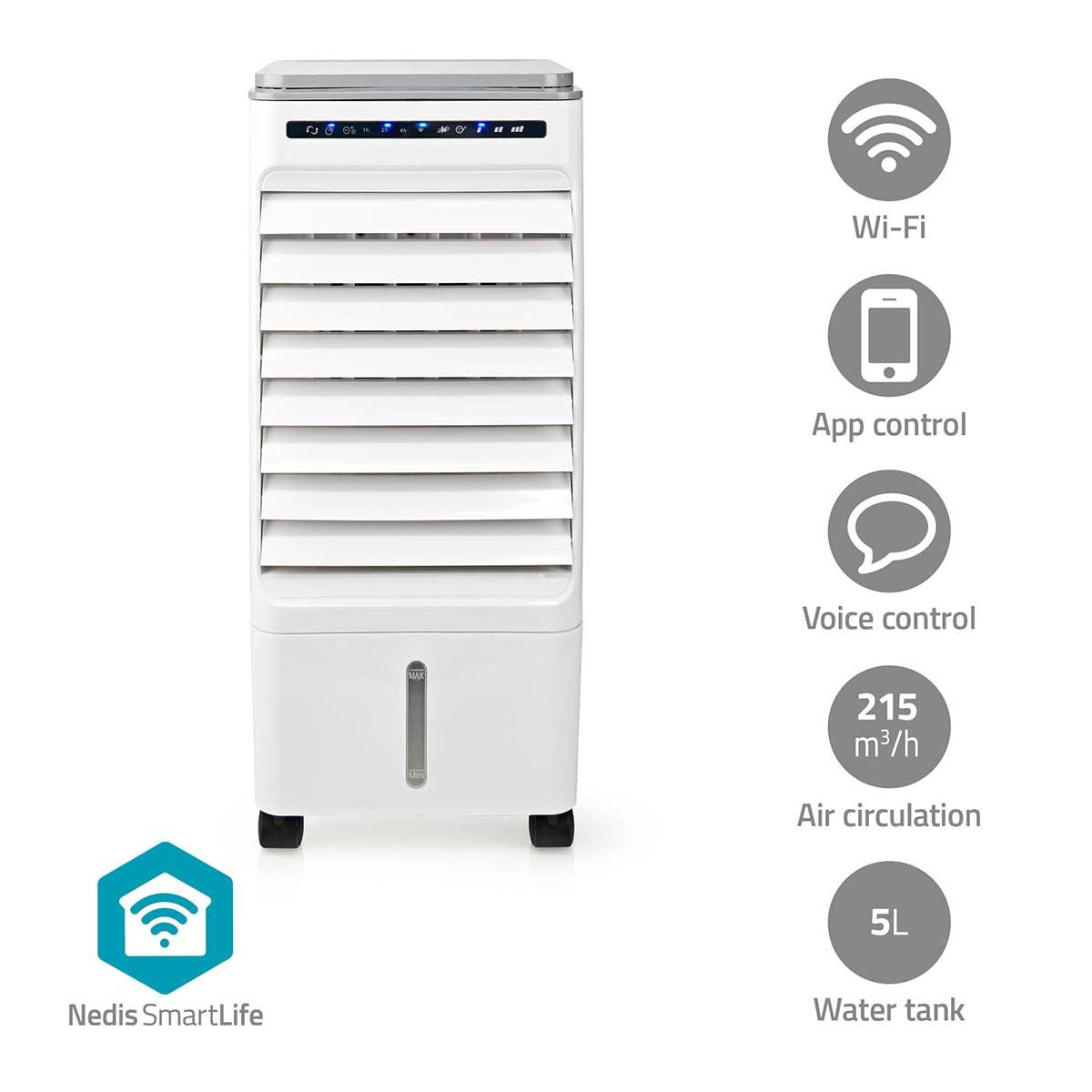Nedis SmartLife Mobile Air Cooler | Watertank capacity: 5 l | 3-Speed | 215 m³/h | Oscillation | Remote control | Shut-off timer | Ionizing function