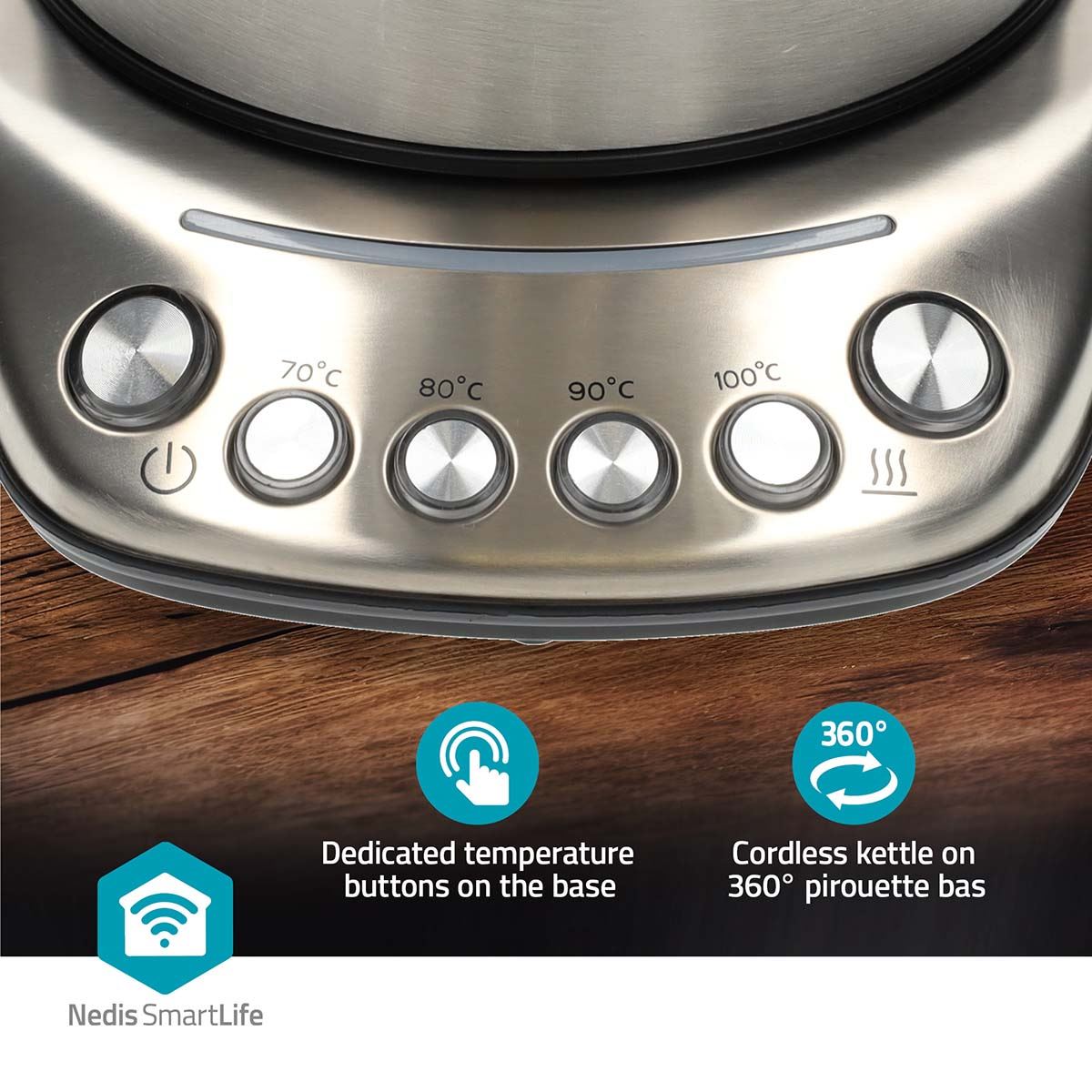 Nedis SmartLife Electric Kettle | Wi-Fi | 1.7 l | Stainless Steel | 70,80,90,100 °C | Temperature indicator | Rotatable 360 degrees | Concealed heating element | Strix® controller | Android™ / IOS