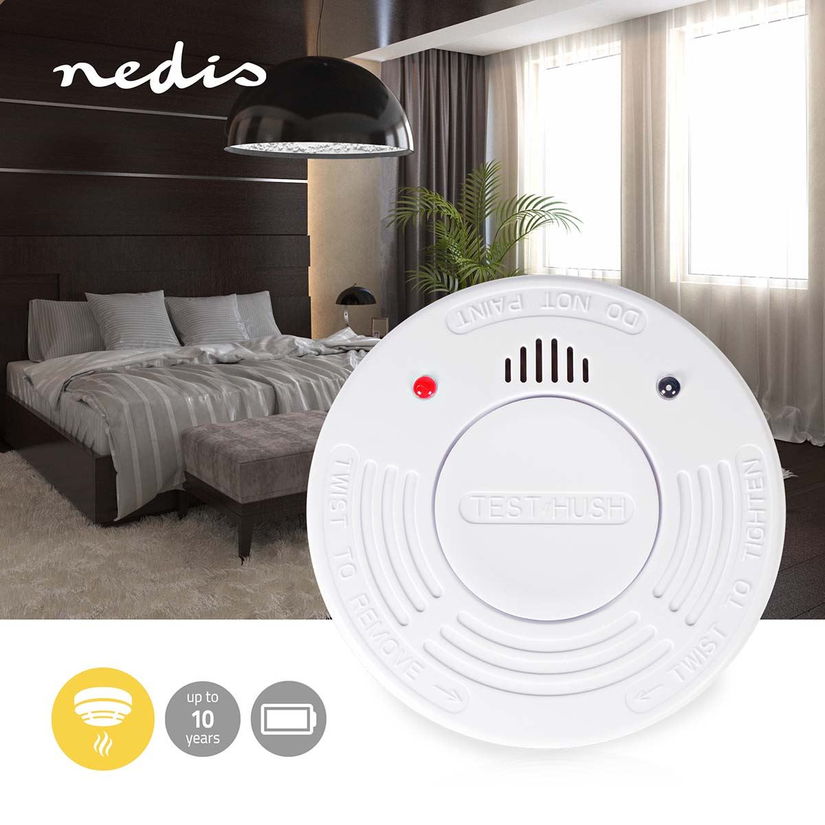 Nedis Smoke Alarm | Battery Powered | Battery life up to: 10 year | EN 14604 | With pause button | With test button | 85 dB | ABS | White