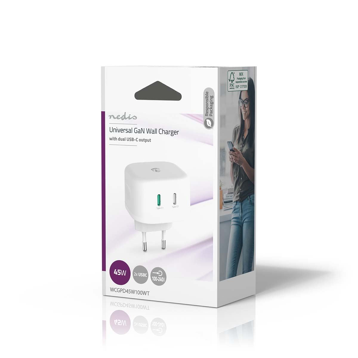 Nedis Wall Charger | 45 W | GaN | Quick charge feature | 2.25 / 3.0 A | Number of outputs: 2 | 2x USB-C™ | Automatic Voltage Selection | White