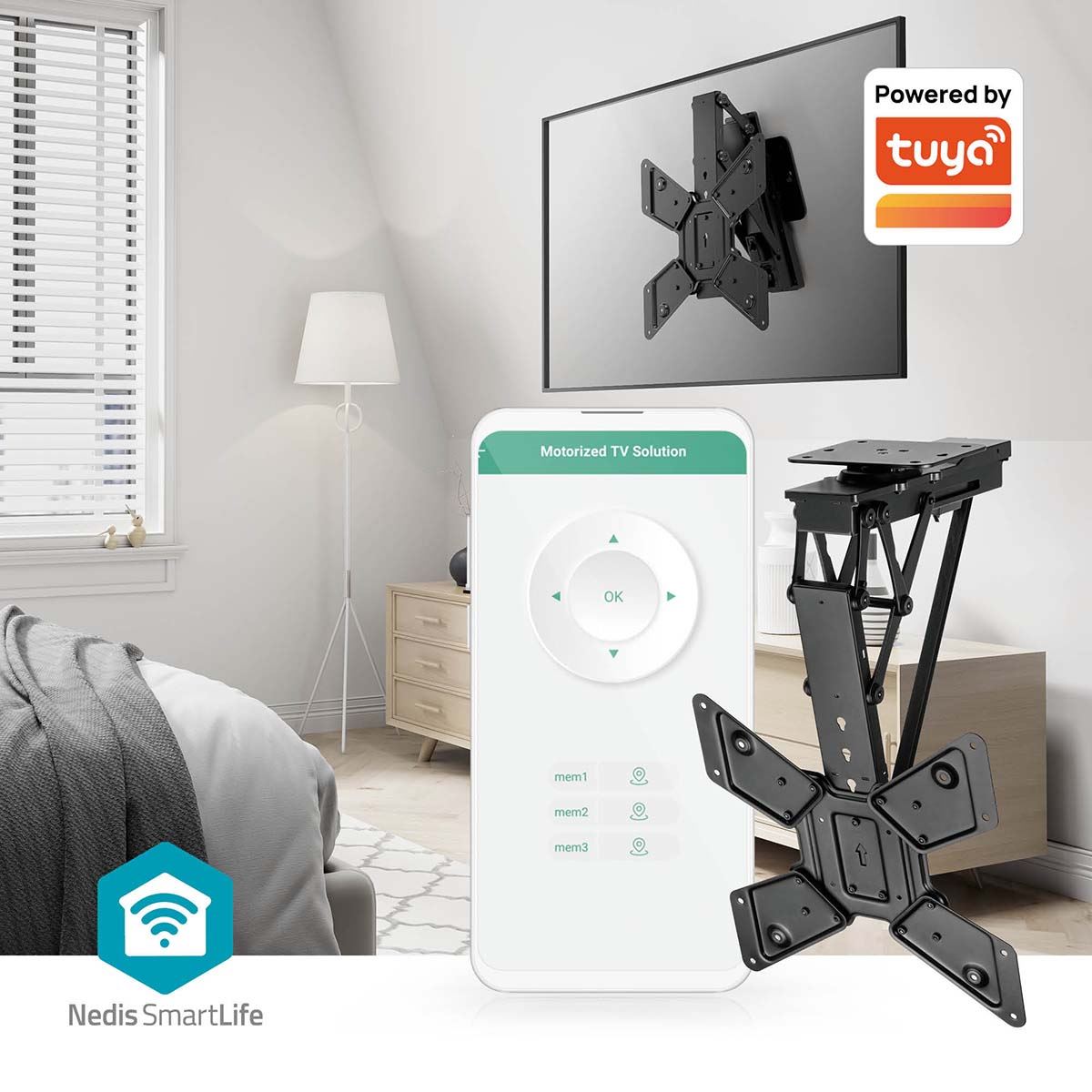 Nedis Motorised TV Ceiling Mount | 23 - 65 " | Maximum supported screen weight: 30 kg | Rotatable | Tiltable | Minimum ceiling distance: 140 mm | Remote controlled | Steel | Black