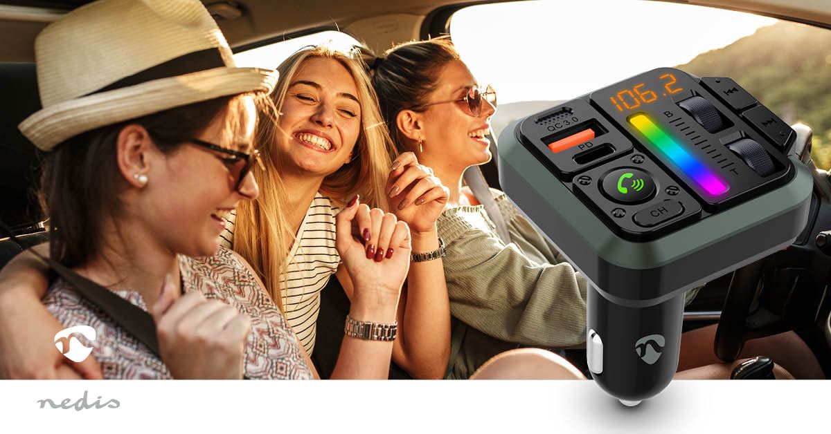 Nedis Car FM Transmitter | Fixed | Hands free calling | 1 " | Amber Screen | Bluetooth® | PD 18 W / PD 24 W | Fast charging | Bass boost | Google Assistant / Siri | Black