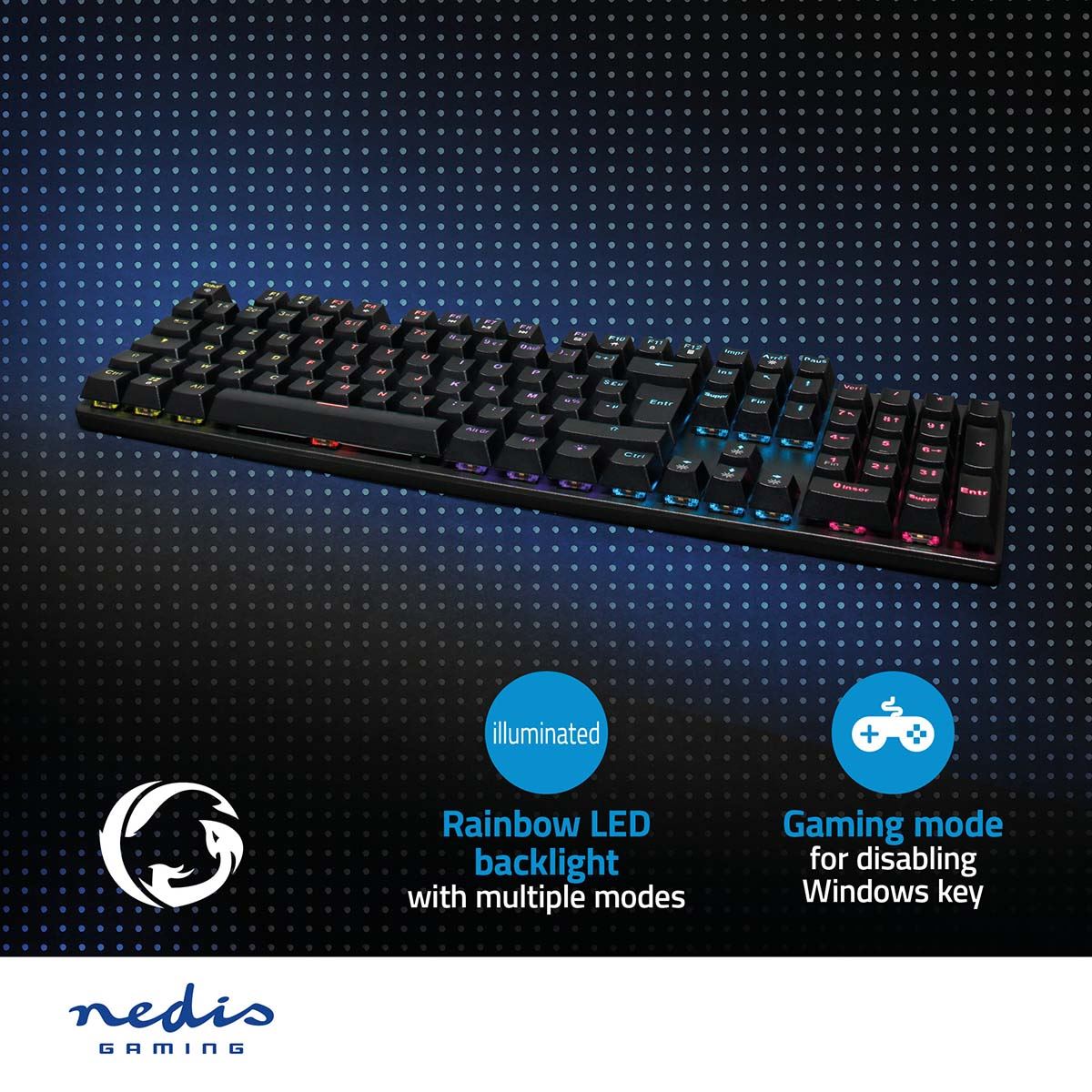 Nedis Wired Gaming Keyboard | USB Type-A | Mechanical Keys | LED | AZERTY | FR Layout | USB Powered | Power cable length: 1.50 m | Gaming