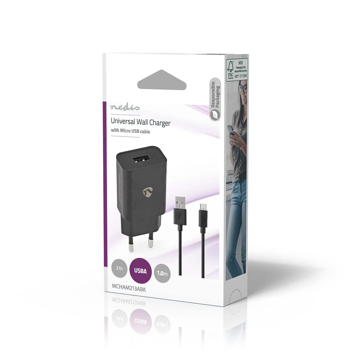 Nedis Wall Charger | 12 W | Quick charge feature | 1x 2.1 A | Number of outputs: 1 | USB-A | Micro USB (Loose) Cable | 1.00 m | Single Voltage Output | Black