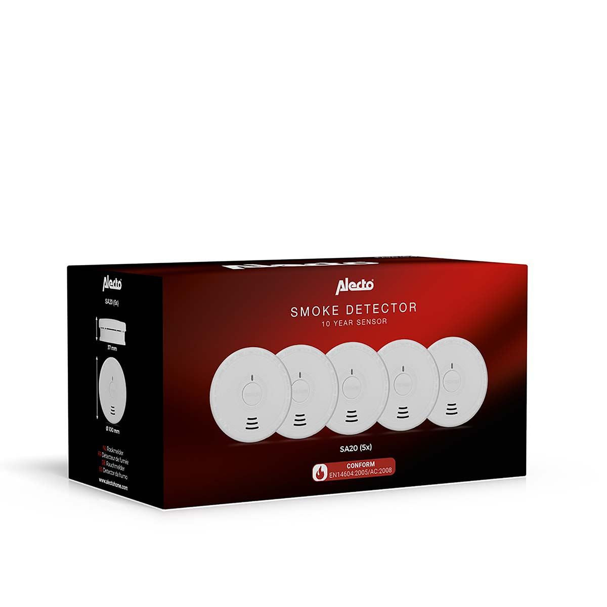 Alecto SA20 Smoke detector with Hush Button | >85 dB | Battery Powered | EN14604:2005/AC:2008 | White |5 Pack