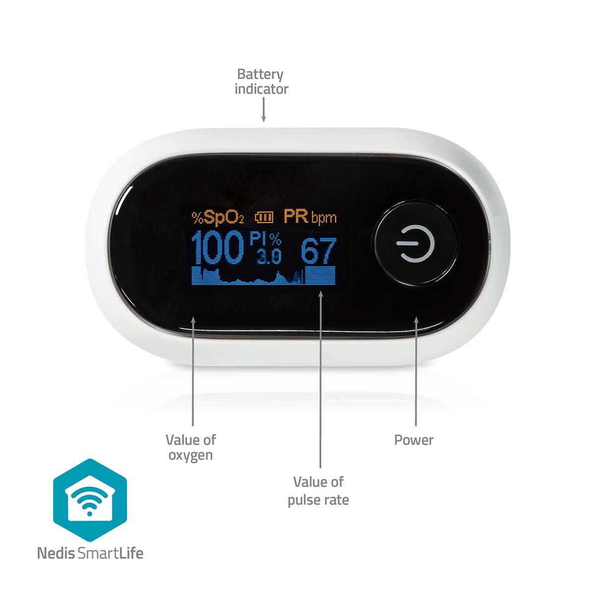 Nedis SmartLife Pulse Oximeter | Bluetooth® | OLED Display | Anti-movement interference / Auditory alarm / High precision sensor / Oxygen saturation (SpO2) / Perfusion index (PI) / Pulse rate (PR) | White