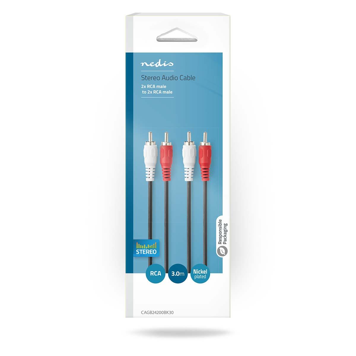 Nedis Stereo Audio Cable | 2x RCA Male | 2x RCA Male | Nickel Plated | 3.00 m | Round | Black | Box