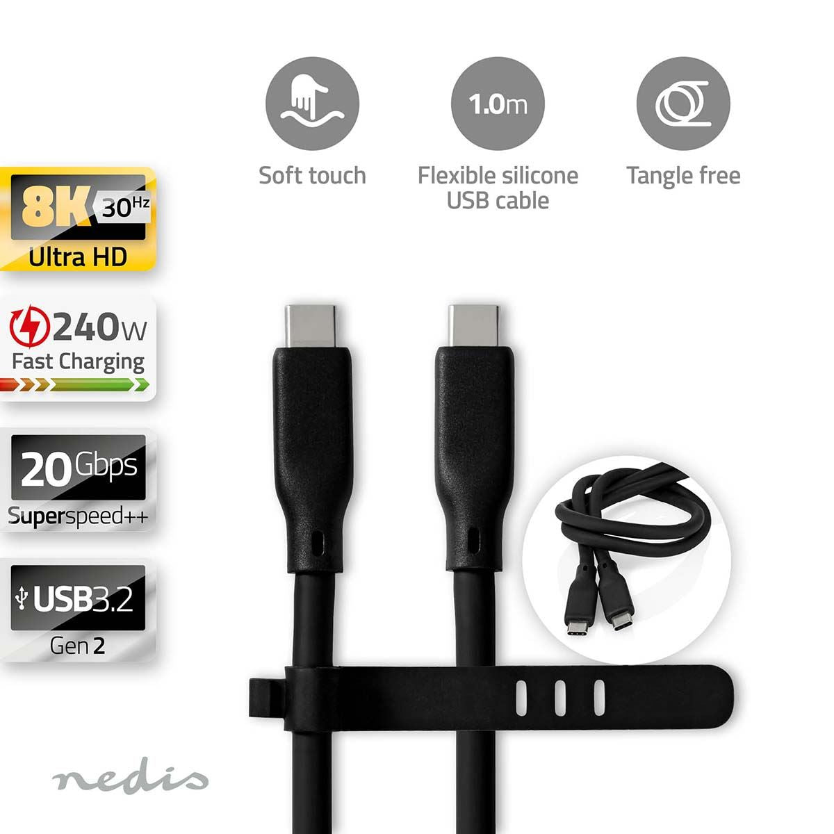 Nedis USB Cable | USB 3.2 Gen 2 | USB-C™ Male | USB-C™ Male | 240 W | 8K@30Hz | 20 Gbps | Nickel Plated | 1.00 m | Round | Silicone | Black | Box