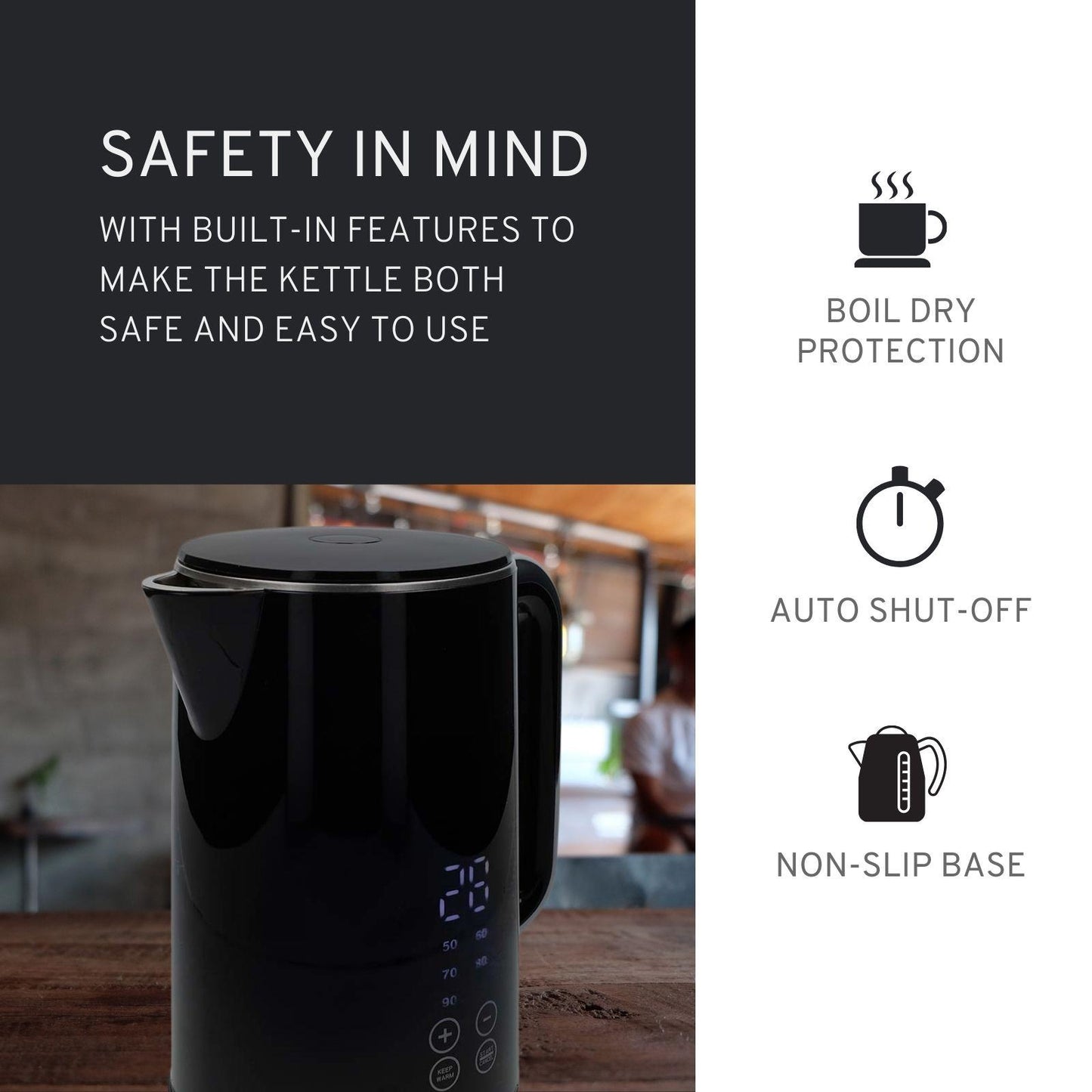 Nedis Electric Kettle | 1.7 l | Plastic | Black | 50,60,70,80,90,100 °C | Temperature indicator | Rotatable 360 degrees | Concealed heating element | Strix® controller | Boil-dry protection