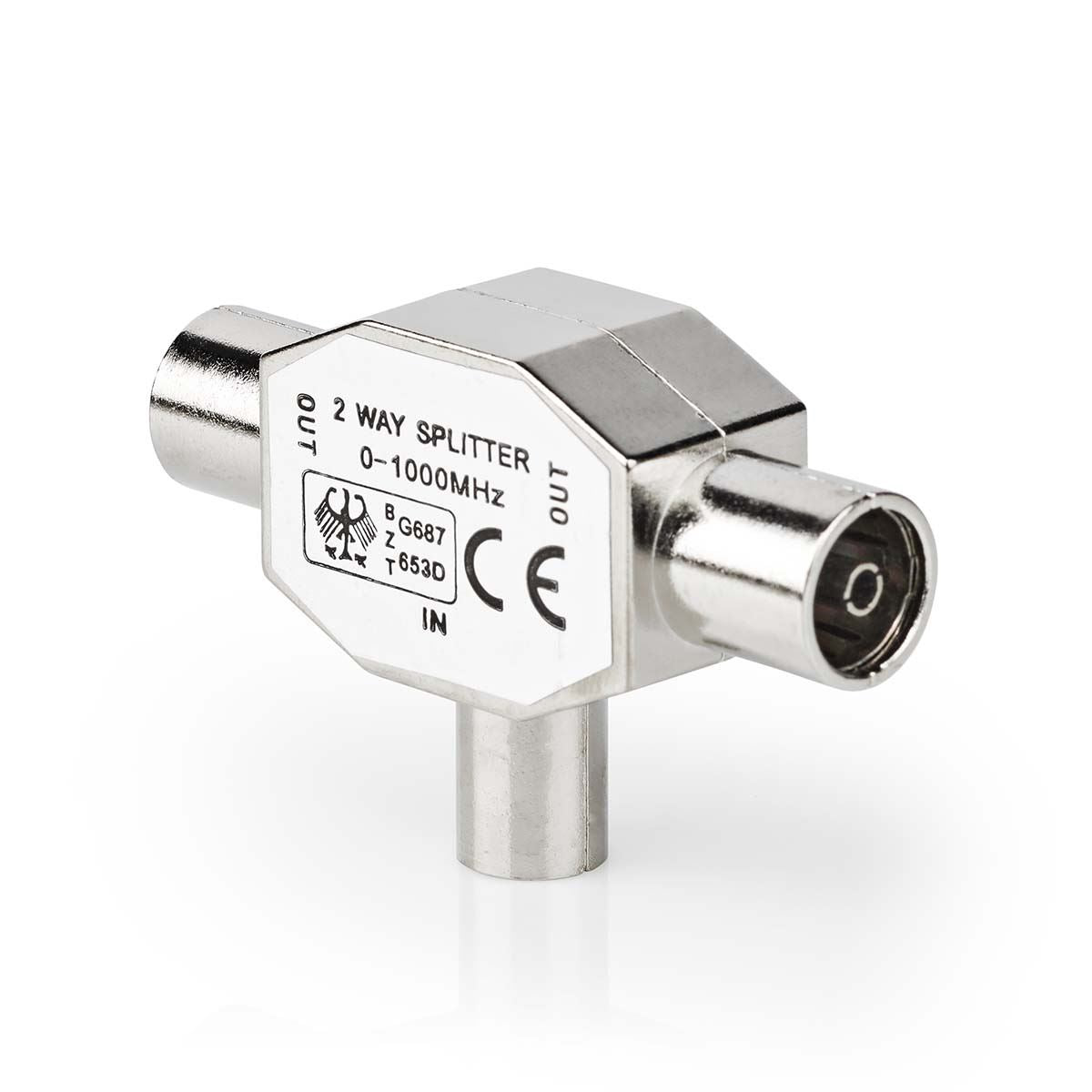 Nedis Satellite & Antenna Adapter | IEC (Coax) Male | 2x Coax Female | Nickel Plated | 75 Ohm | T-Splitter | Metal | Silver | 1 pcs | Box
