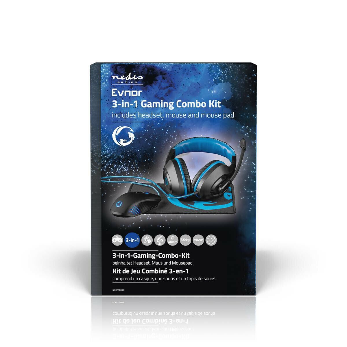 Nedis Gaming Combo Kit | 3-in-1 | Headset, Mouse and Mouse Pad | Black / Blue