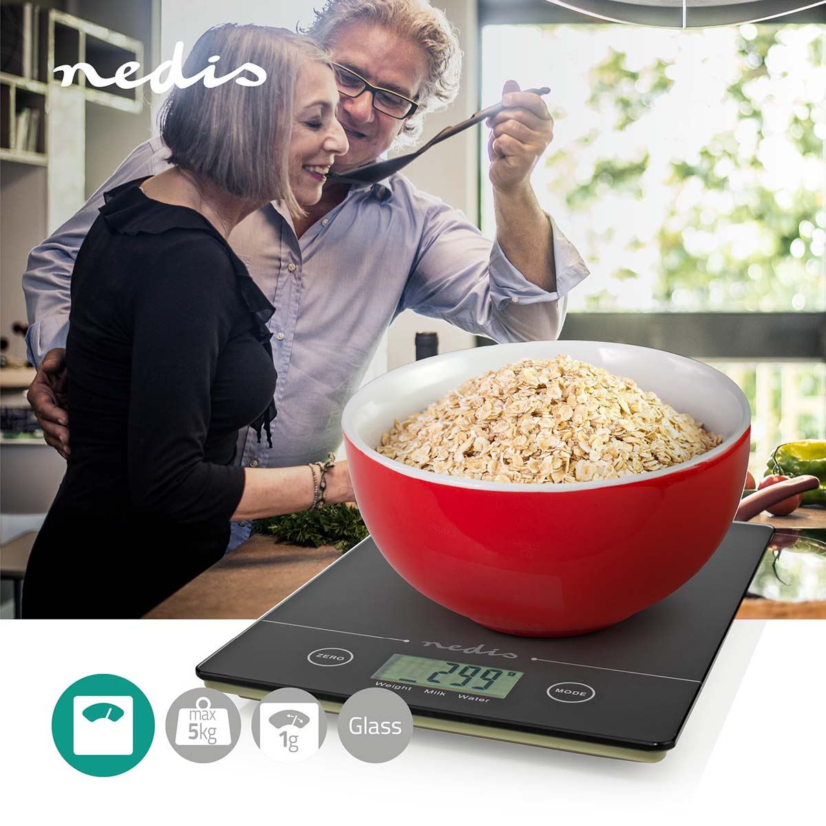 Nedis Kitchen Scales | Digital | Glass / Plastic | CR 2032 Battery | Black