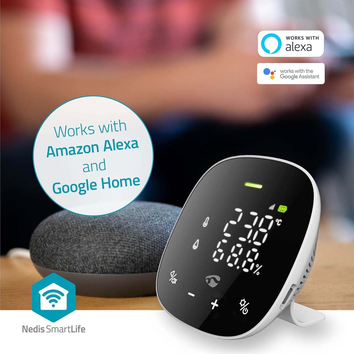 Nedis SmartLife Air Quality Monitor | Wi-Fi | Including display | Carbon Dioxide (CO2) / Humidity / Temperature | Android™ / IOS | Black / White