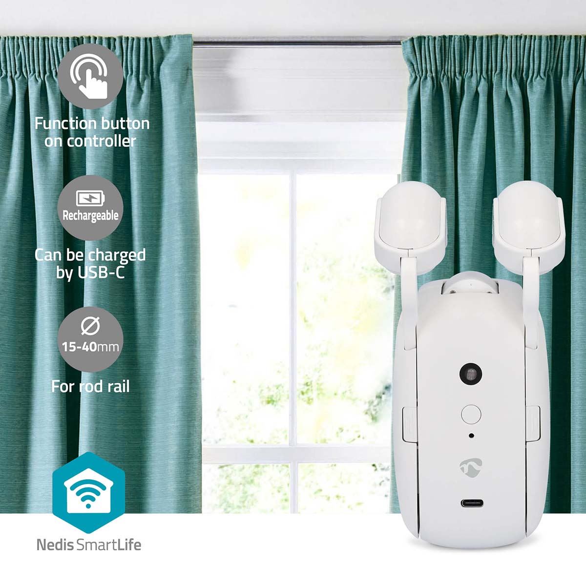 Nedis SmartLife Curtain Robot | Rod Rail | Curtains / Drapes | Battery Powered / USB Powered | 4000 mAh | Bluetooth® | White