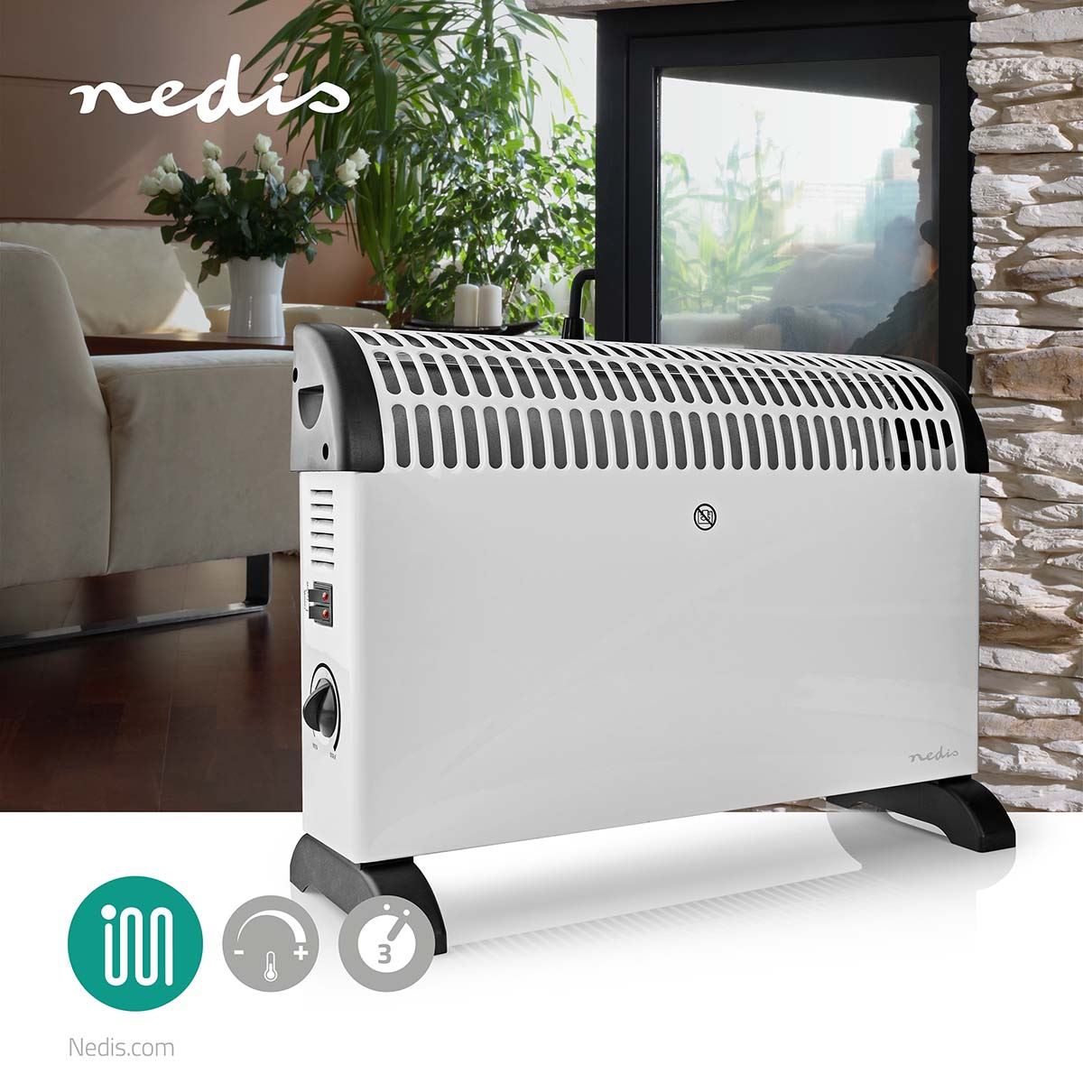 Nedis Convection Heater | 2000 W | 3 Heat Settings | Adjustable thermostat | Fall over protection | Integrated handle(s) | White