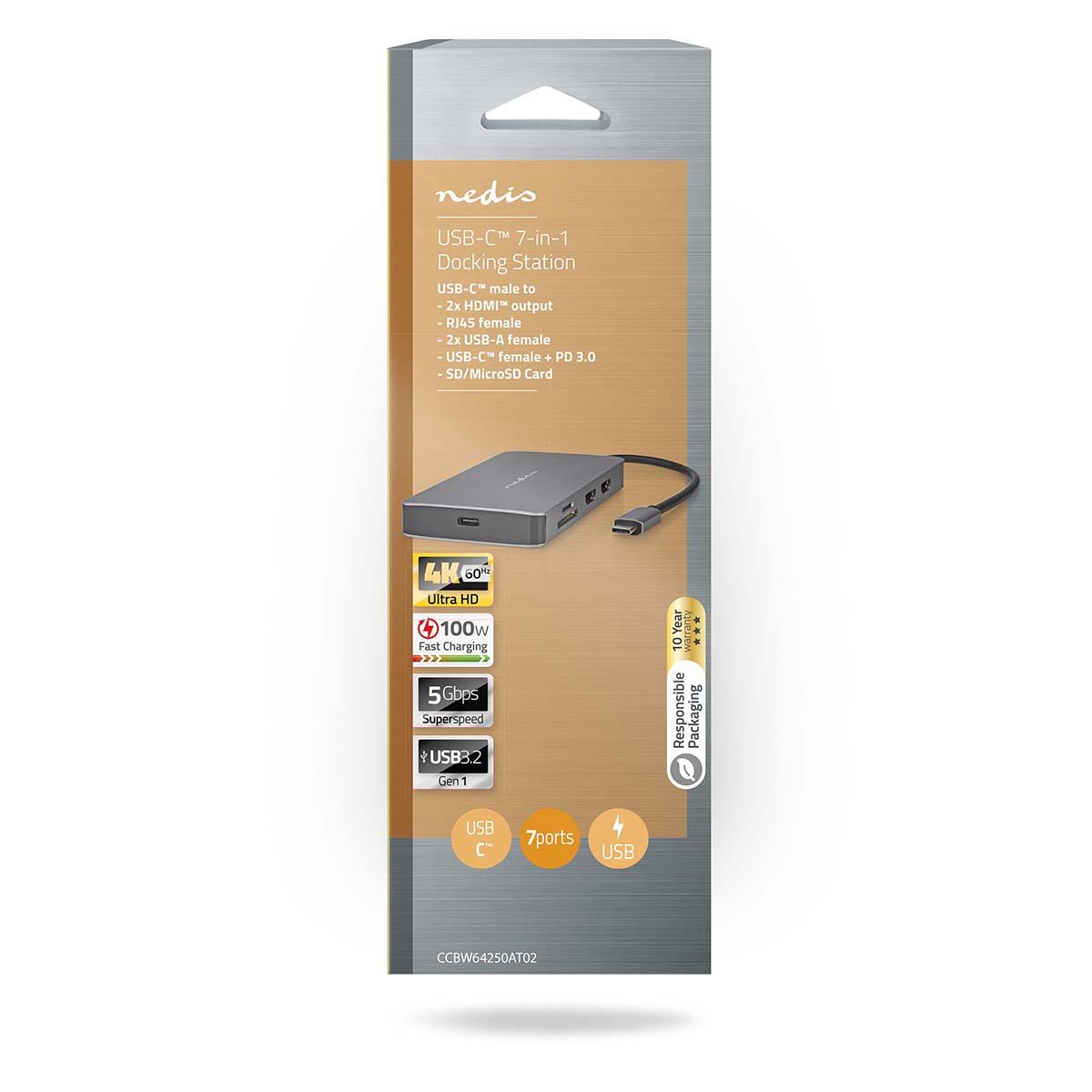Nedis USB Multi-Port Adapter | USB 3.2 Gen 1 | USB-C™ Male | Micro SD / RJ45 Female / SD / USB-C™ Female / 2x HDMI™ / 2x USB-A Female | 5 Gbps | 0.20 m | Round | Gold Plated | PVC | Anthracite | Box