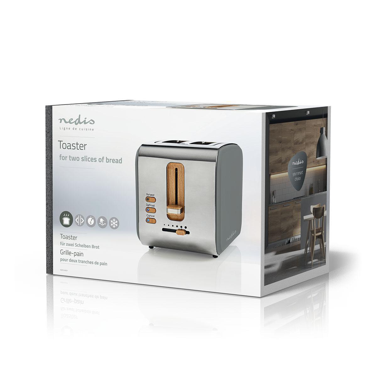 Nedis Toaster | Soft Touch Series | 2 Bread Slices | 2 Slots | Browning levels: 6 | Defrost feature | Grey
