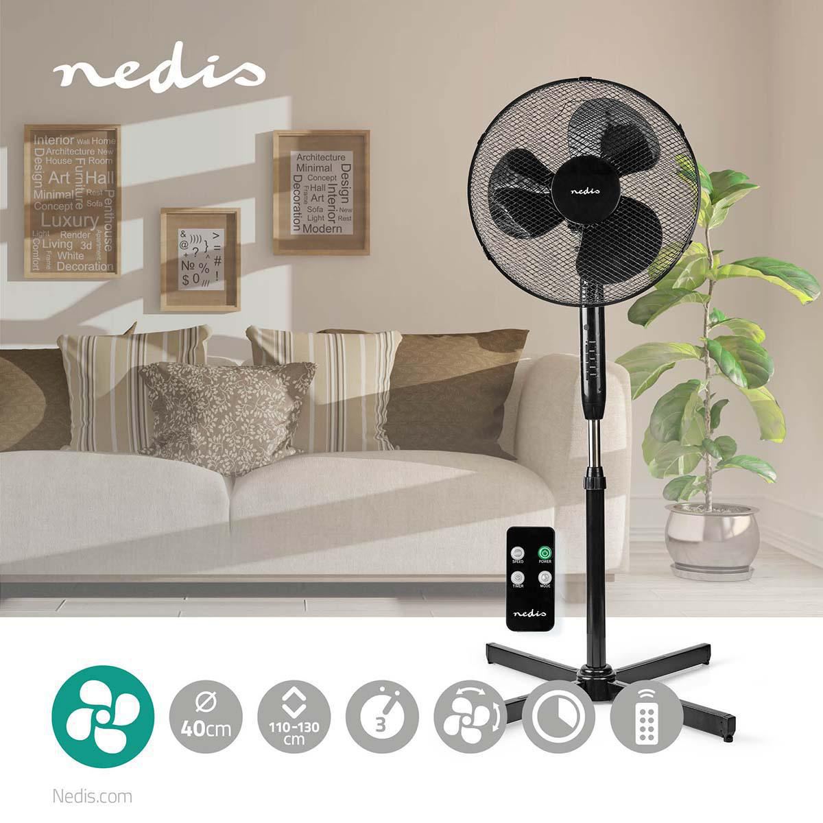 Nedis Stand Fan | Diameter: 400 mm | 3-Speed | Oscillation | 40 W | Adjustable height | Shut-off timer | Remote control | Black
