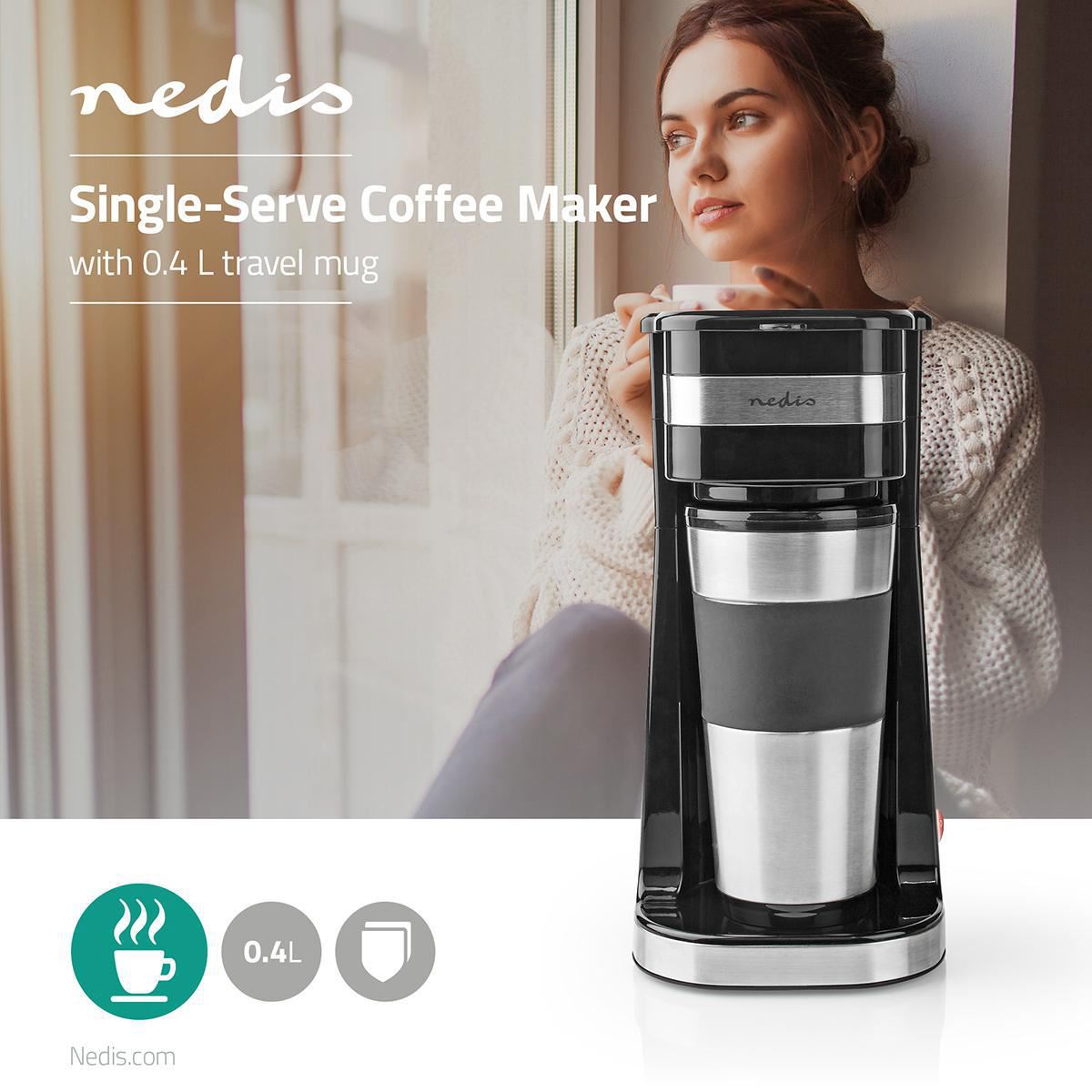 Nedis Single Serve Coffee Maker with 400ml Travel Mug, Double Wall Insulated, Stainless Steel, with Reusable Filter