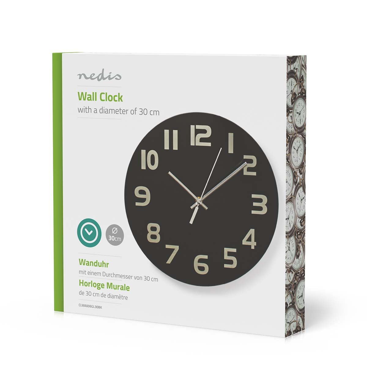 Nedis Wall Clock | Diameter: 300 mm | Glass | Black