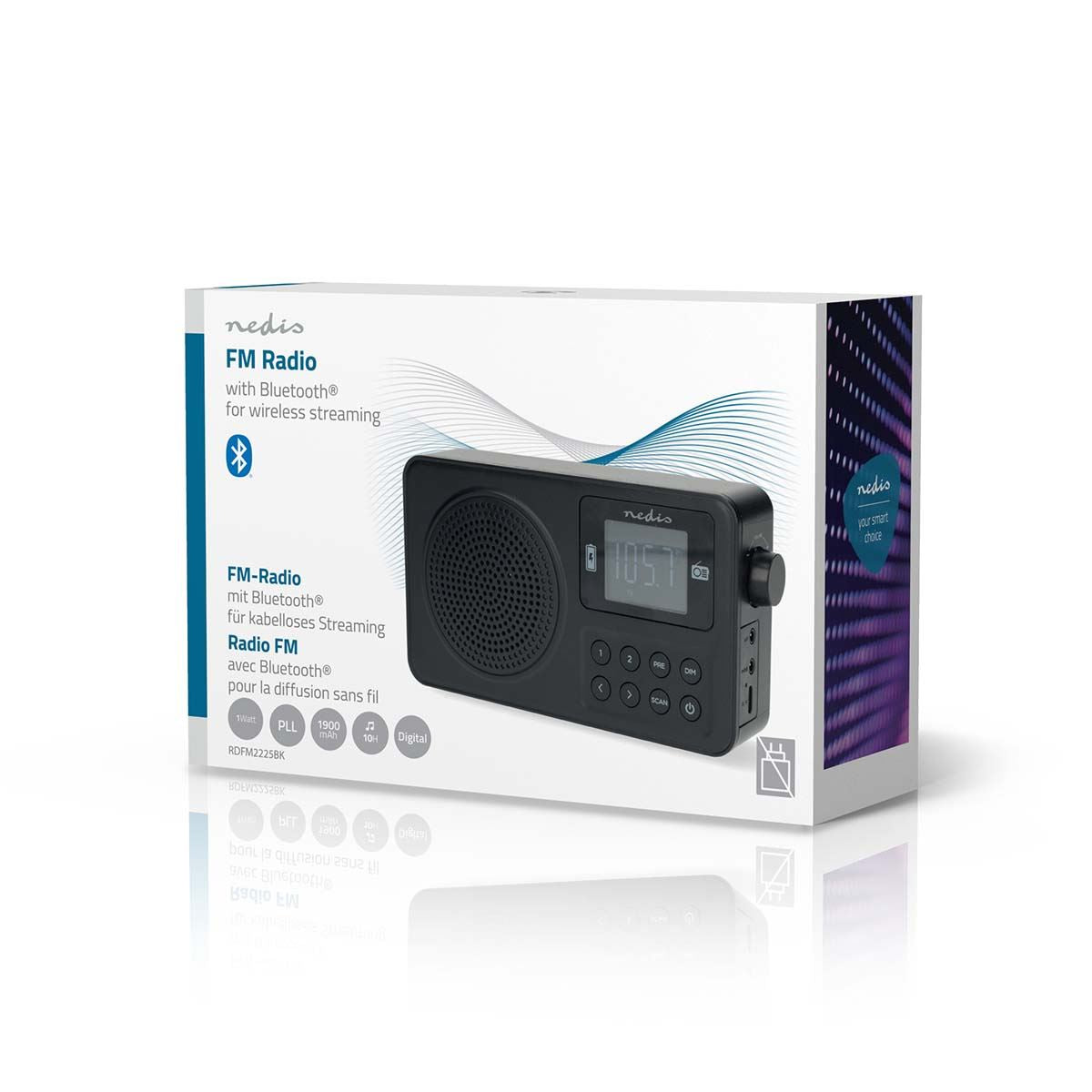 Nedis FM Radio | Portable Design | FM | Battery Powered / USB Powered | Digital | 2 W | Screen size: 1.77 " | Black White Screen | Bluetooth® | Headphone output | Alarm clock | Black