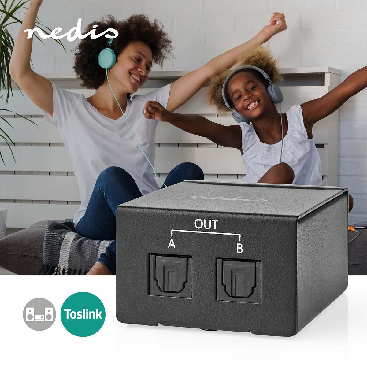 Nedis Digital Audio Splitter | 2-way | Connection input: TosLink Female | Connection output: 2x TosLink | Push Button | Metal | Black