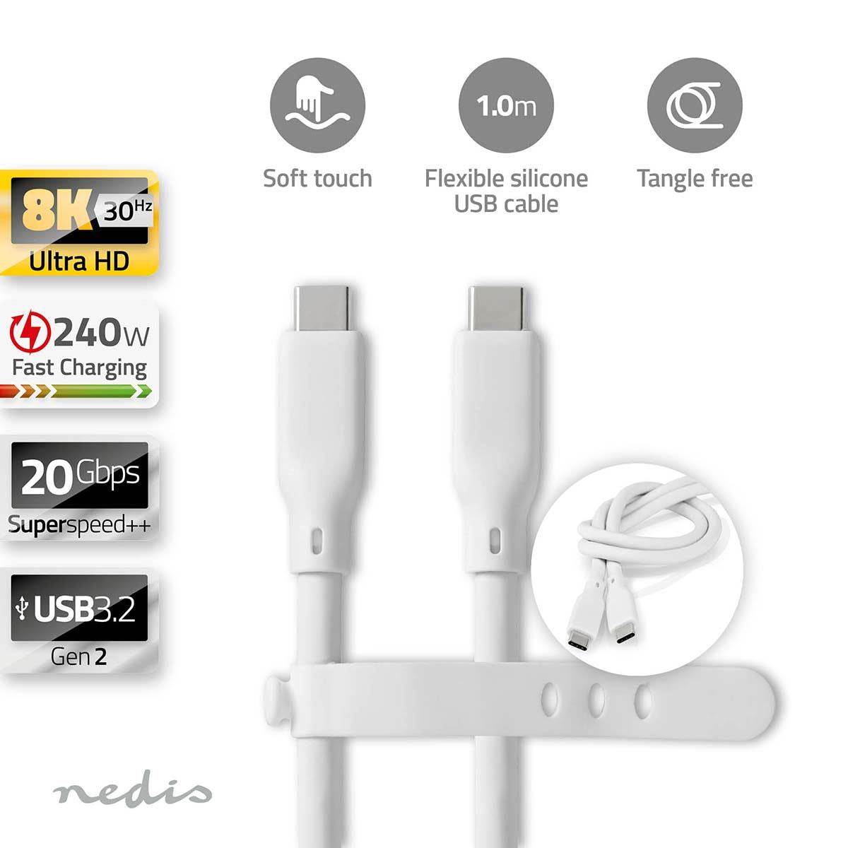 Nedis USB Cable | USB 3.2 Gen 2 | USB-C™ Male | USB-C™ Male | 240 W | 8K@30Hz | 20 Gbps | Nickel Plated | 1.00 m | Round | Silicone | White | Box
