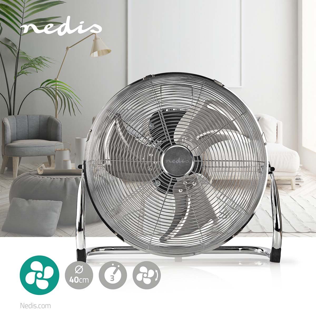 Nedis Floor Fan | 400 mm | 3-Speed | Tiltable | Metal