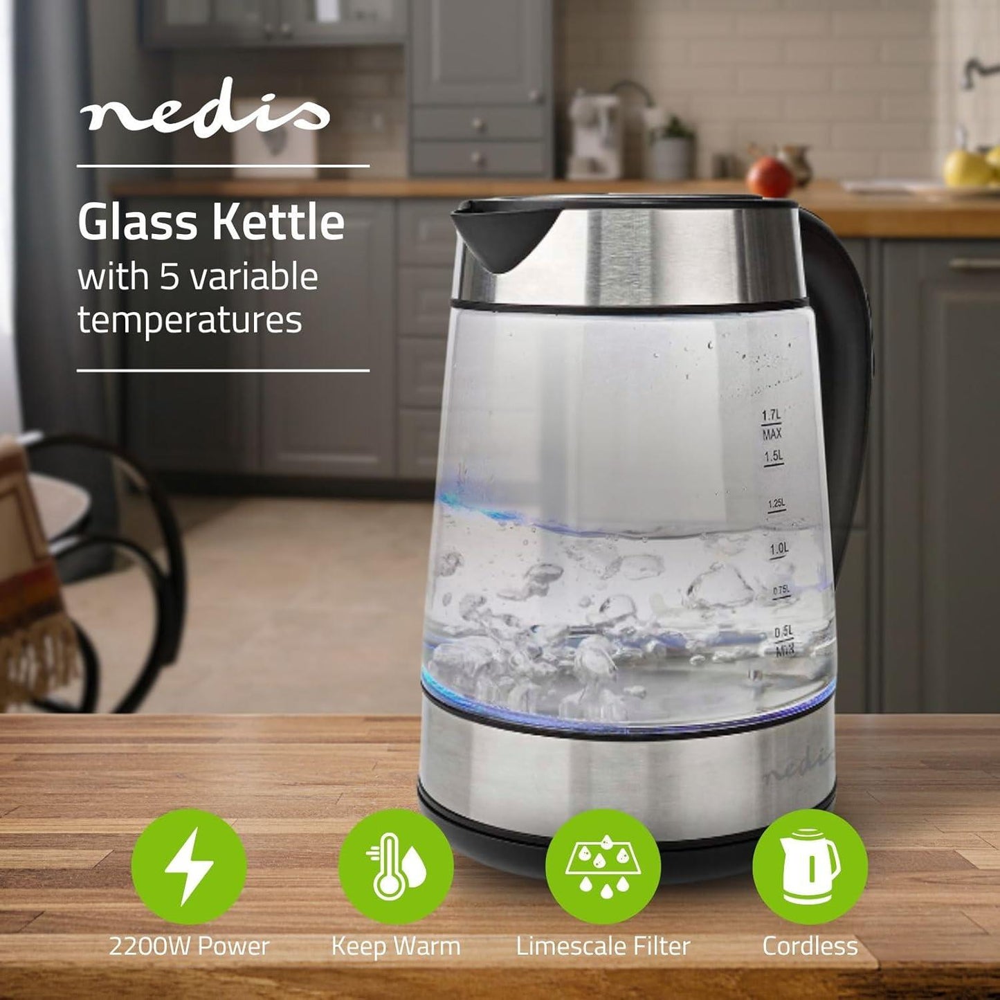 Nedis Electric Kettle | 1.7 l | Glass | Transparent | 60,70,80,90,100 °C | Temperature indicator | Rotatable 360 degrees | Concealed heating element | Strix® controller | Boil-dry protection