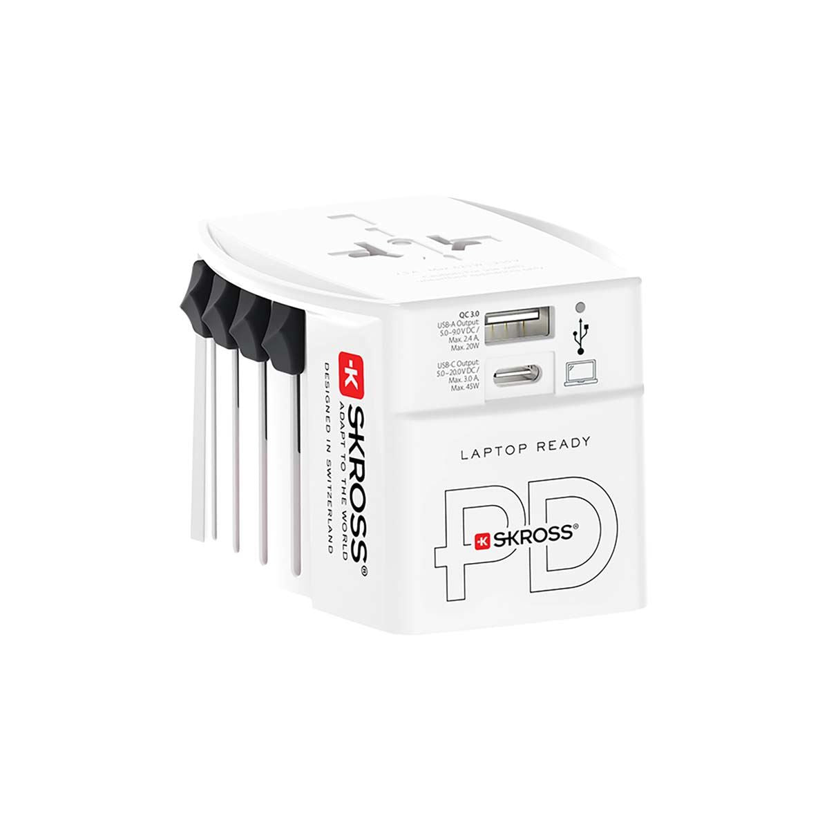 Skross Travel Adapter 2-Pole World travel adapter with integrated Dual USB Charger (1x USB C & 1 x USB) 45 Watt Power Delivery