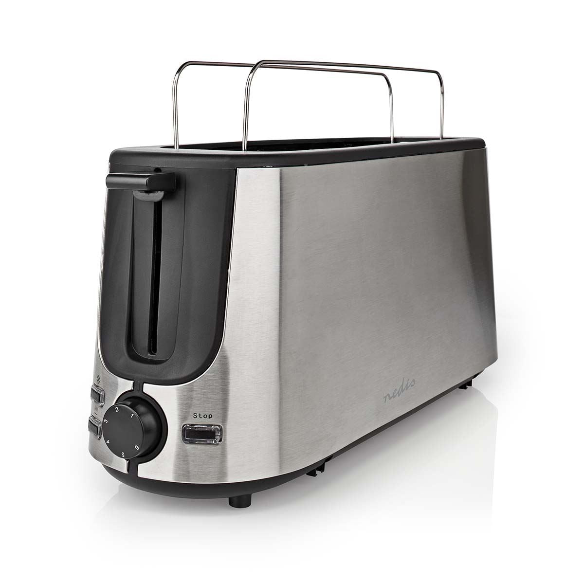 Nedis Toaster | Stainless Steel Series | 2 Bread Slices | 1 Long Slot | Browning levels: 6 | Defrost feature | Bun rack | Aluminium