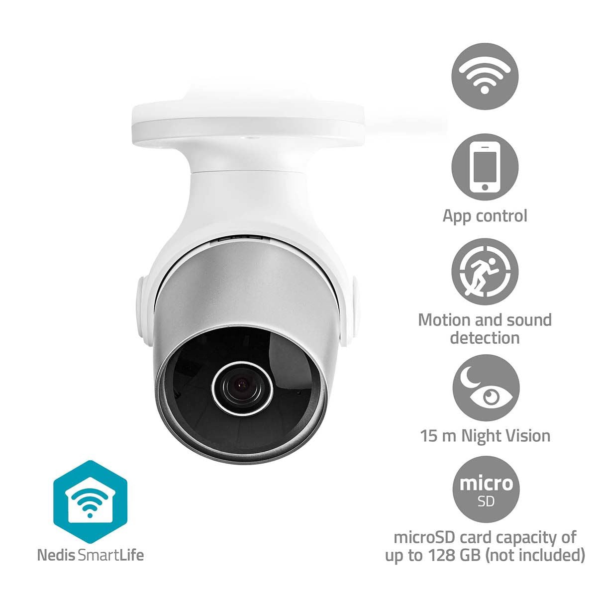 Nedis SmartLife Outdoor Camera | Wi-Fi | Full HD 1080p | IP65 | Cloud Storage (optional) / microSD (not included) | 12 V DC | With motion sensor | Night vision | Silver / White