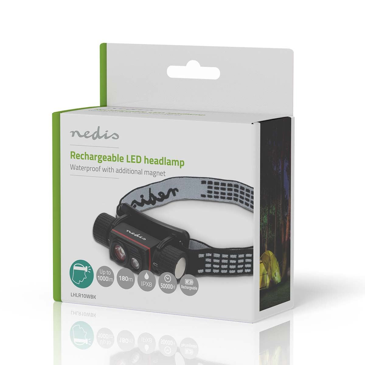 Nedis LED headlight | Battery Powered / USB Powered | 3.7 V DC | Batteries included | Rechargeable | Rated luminous flux: 1000 lm | Light range: 180 m