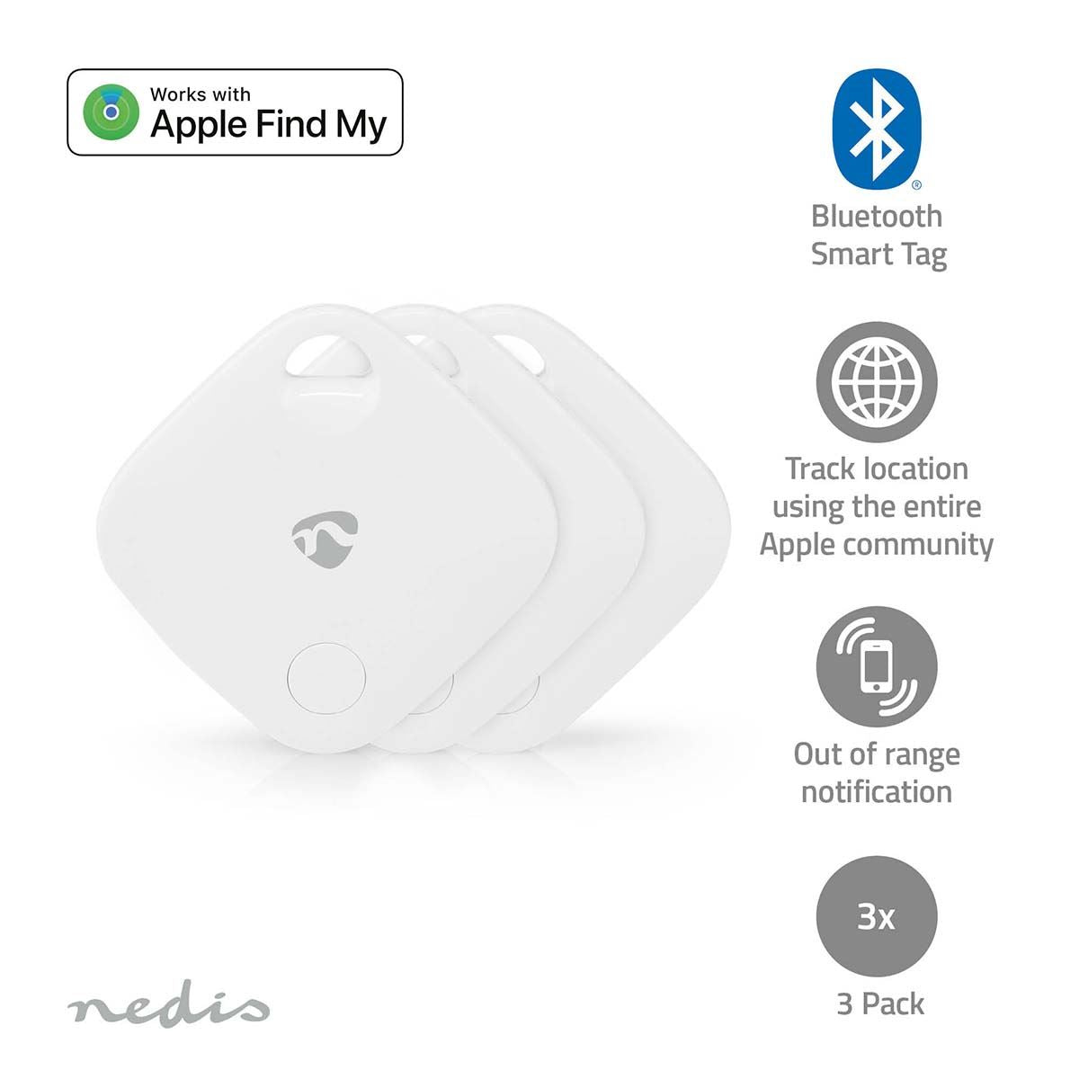 Nedis Key Finder | Compatible with: Apple Find My App | Battery Powered | 3x CR2032 | Batteries included | Bluetooth® version: 5.1 | Battery life up to: 1 year | White | 3 pcs