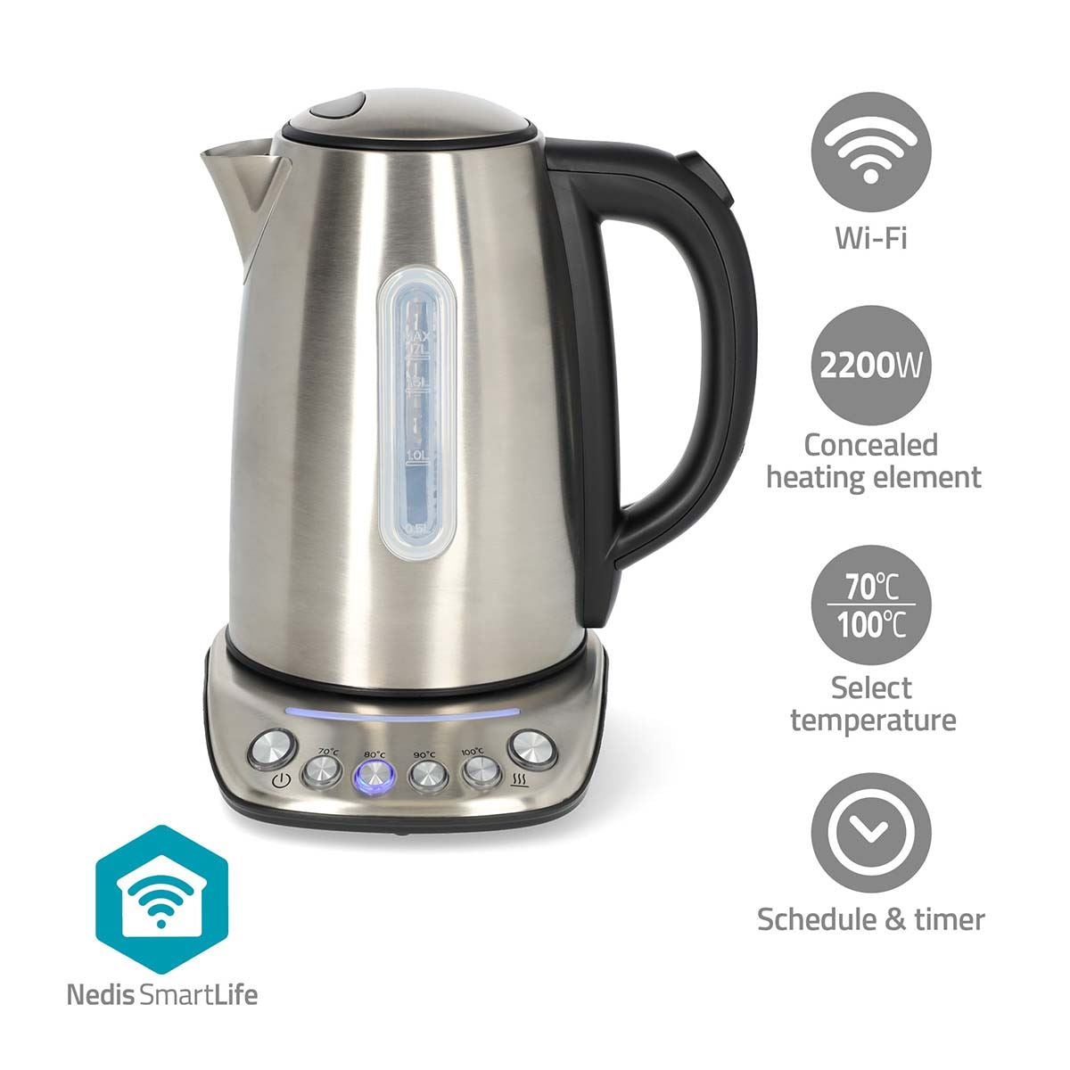 Nedis SmartLife Electric Kettle | Wi-Fi | 1.7 l | Stainless Steel | 70,80,90,100 °C | Temperature indicator | Rotatable 360 degrees | Concealed heating element | Strix® controller | Android™ / IOS