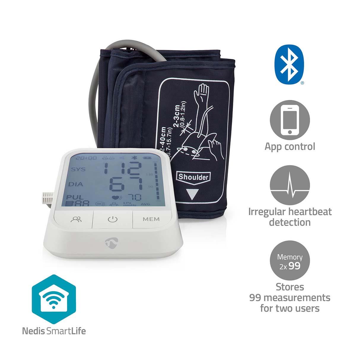 Nedis SmartLife Blood Pressure Monitor | Arm | Bluetooth® | LCD Display | 22 - 42 cm | Detection for cuff wearing / Irregular heartbeat detection / Keep still indication | White