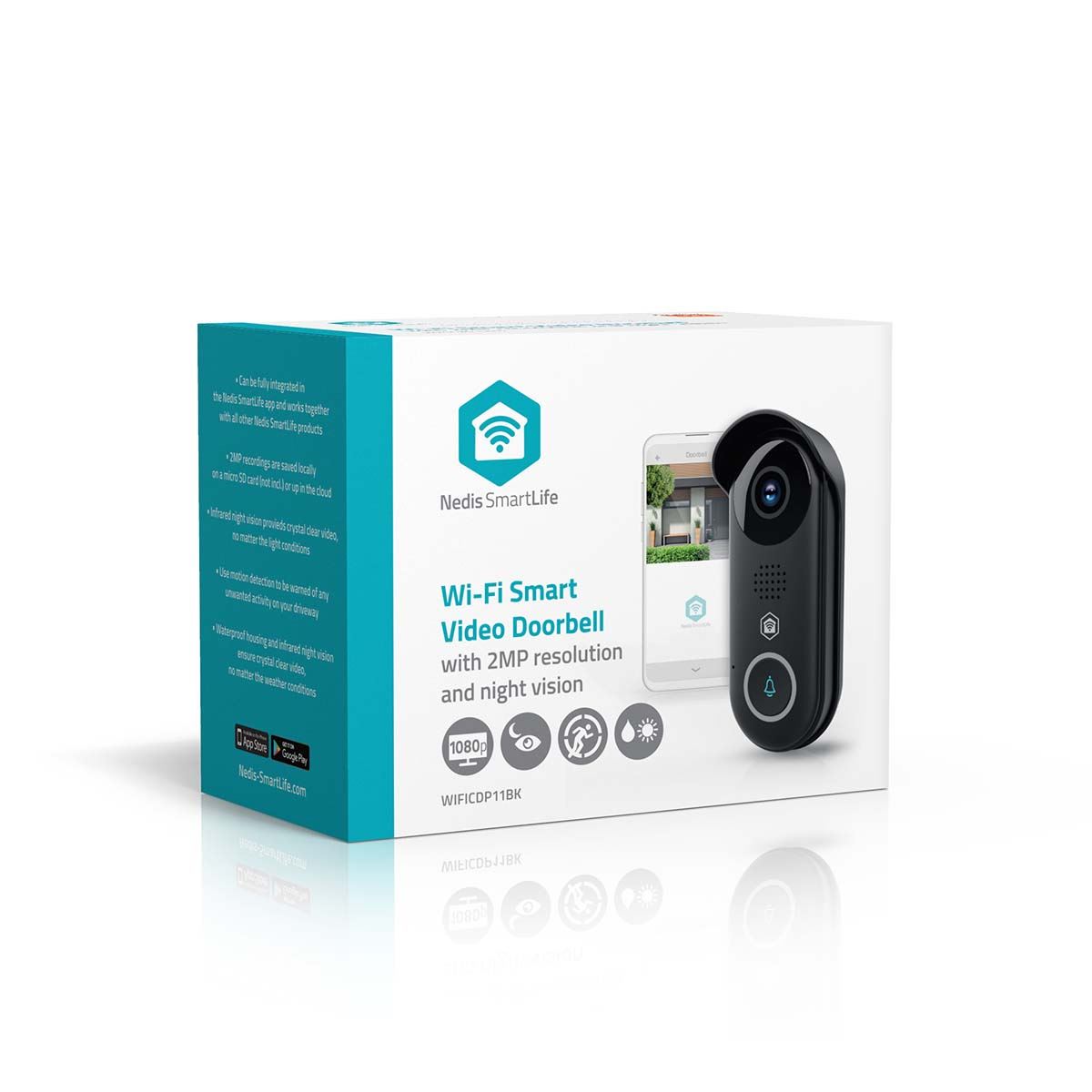 Nedis SmartLife Video Doorbell | Wi-Fi | Transformer | Full HD 1080p | Cloud Storage (optional) / microSD (not included) / Onvif | IP54 | With motion sensor | Night vision | Black
