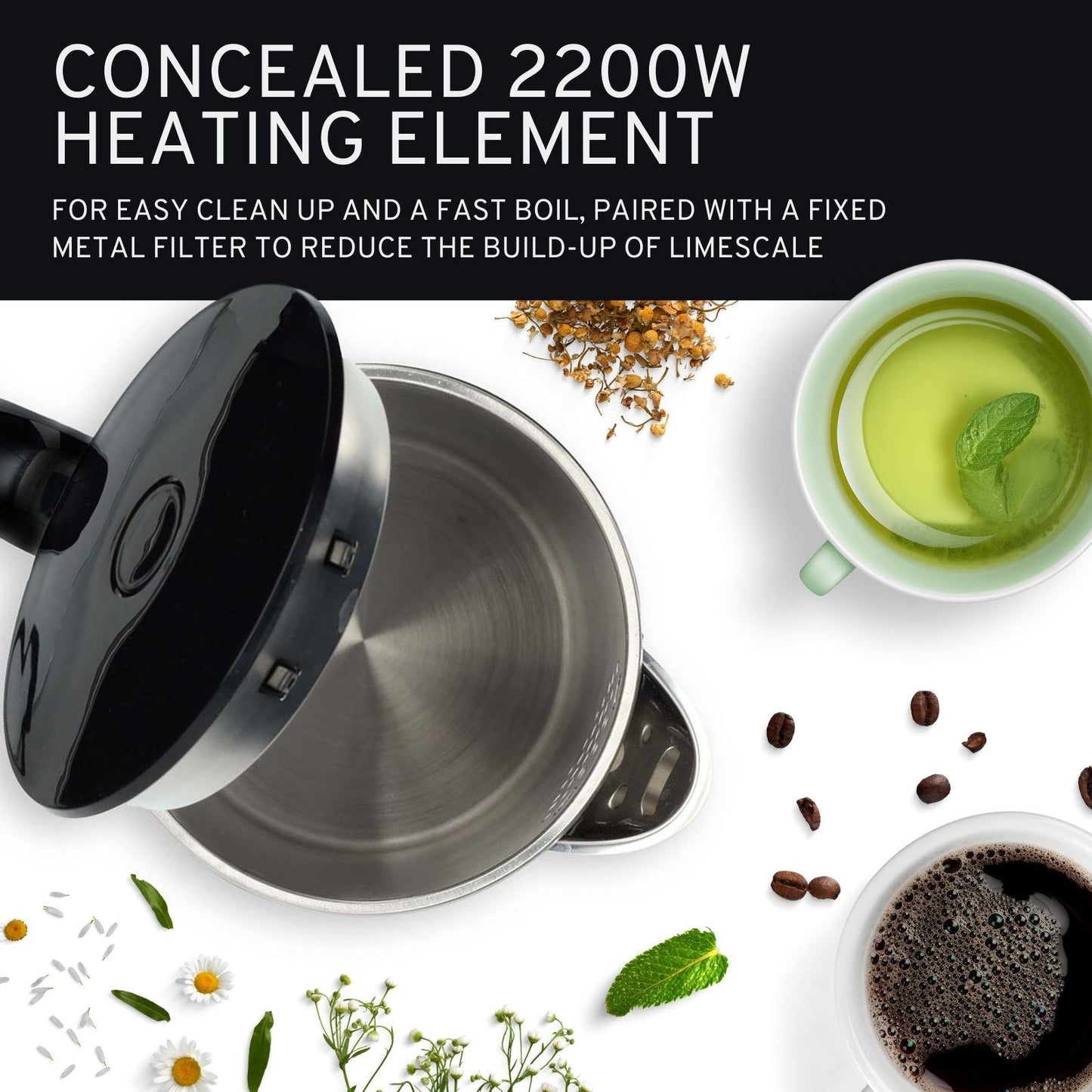 Nedis Electric Kettle | 1.7 l | Plastic | Black | 50,60,70,80,90,100 °C | Temperature indicator | Rotatable 360 degrees | Concealed heating element | Strix® controller | Boil-dry protection
