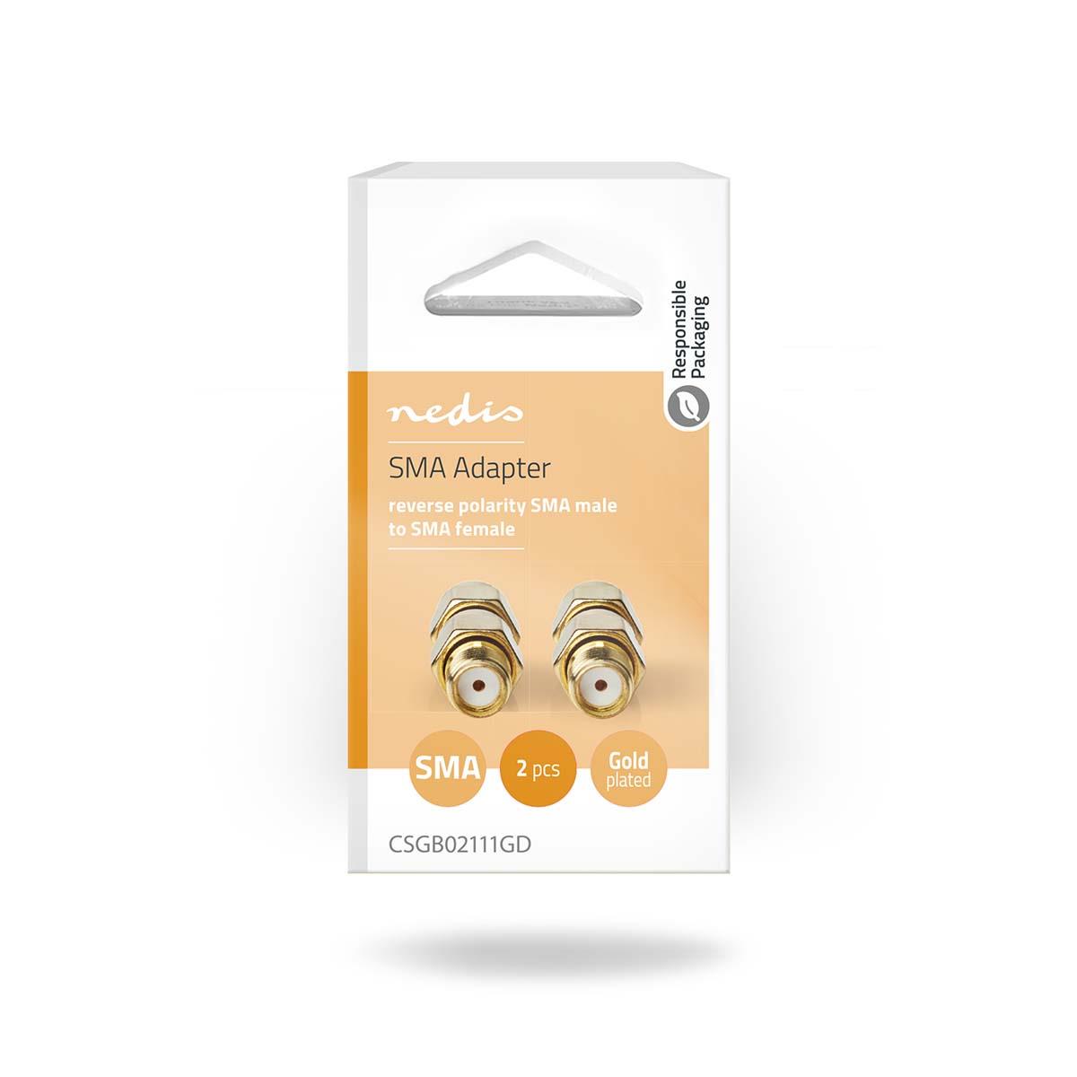Nedis SMA Adapter | SMA Male Reverse Polarity | SMA Female | Gold Plated | 50 Ohm | Straight | Copper | Gold | 2 pcs | Box