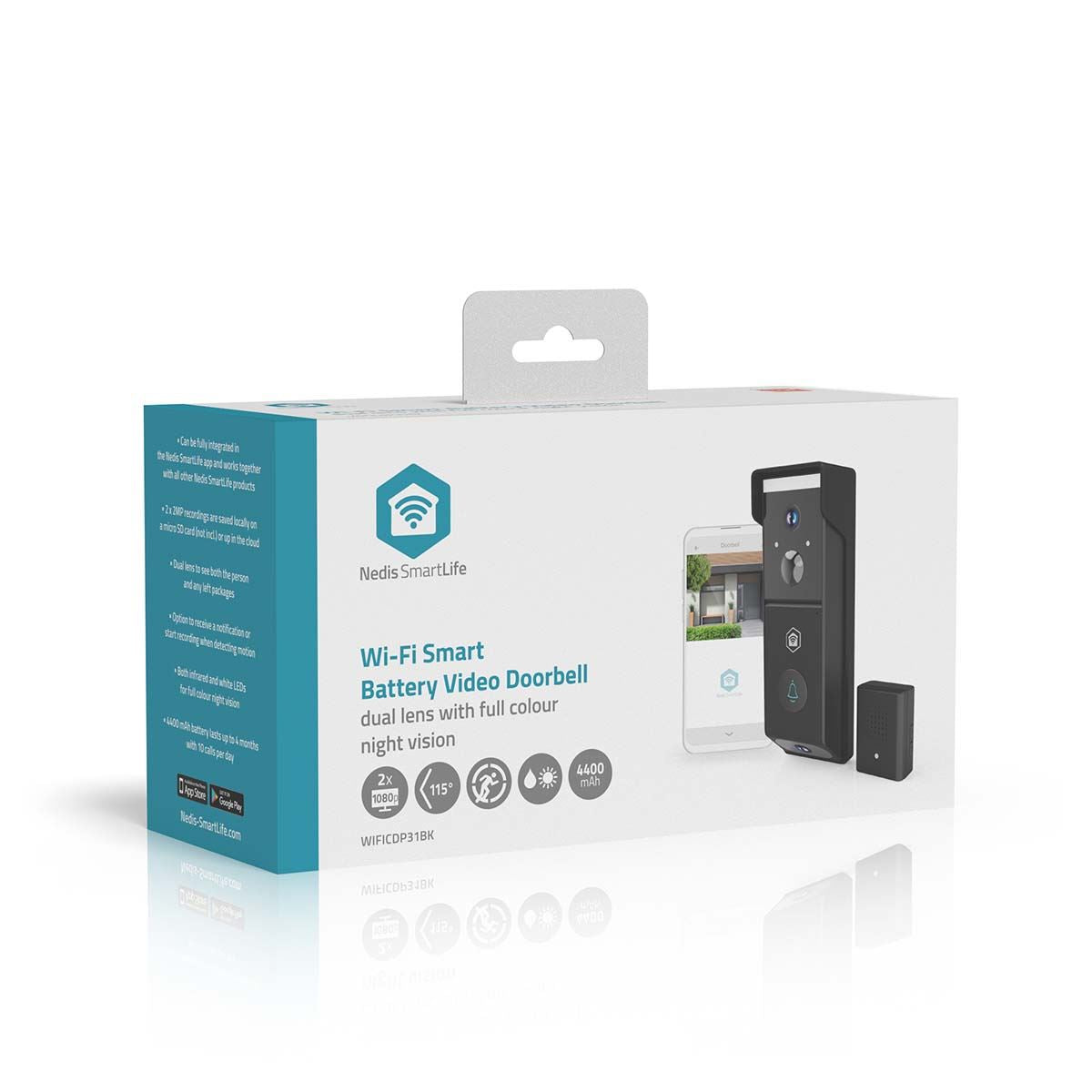 Nedis SmartLife Video Doorbell | Wi-Fi | Battery Powered | Full HD 1080p | Cloud Storage (optional) / microSD (not included) | IP54 | With motion sensor | Night vision | Black