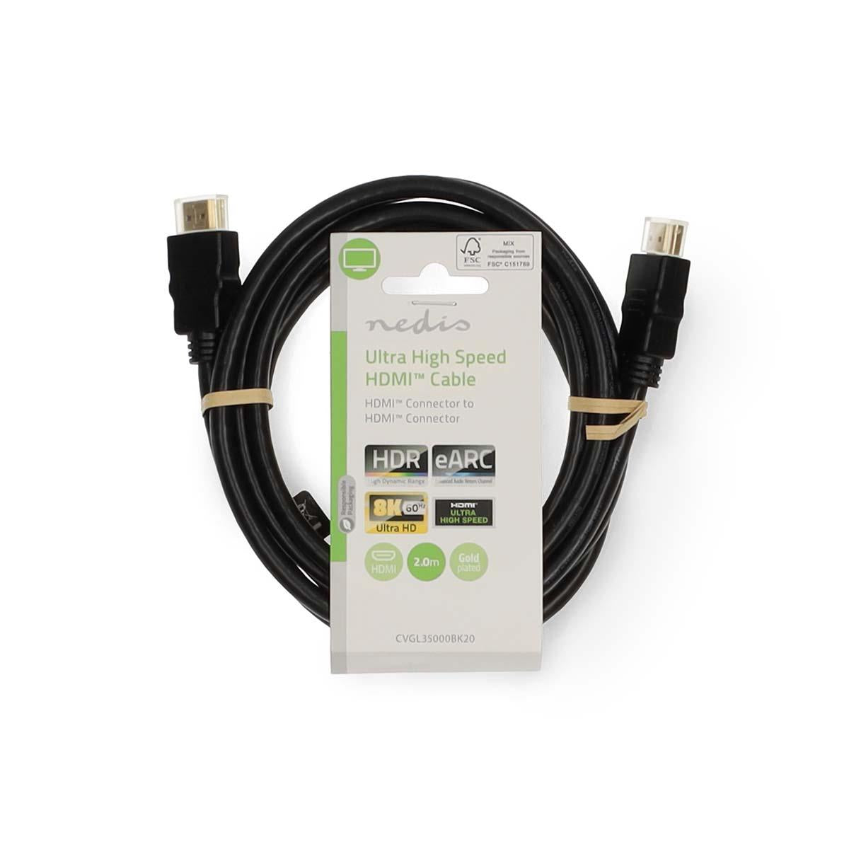 Nedis Ultra High Speed HDMI™ Cable | HDMI™ Connector | HDMI™ Connector | 8K@60Hz | 48 Gbps | 2.00 m | Round | 6.5 mm | Black | Envelope