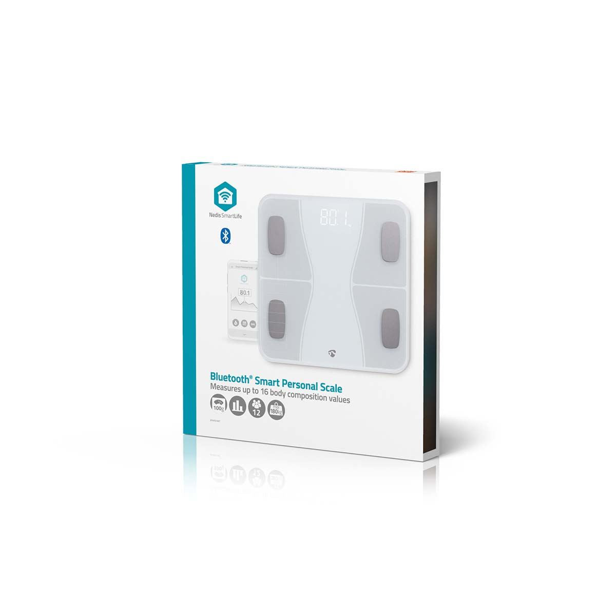 Nedis SmartLife Personal Scale | Bluetooth® | BMI / BMR / Bones / Fat / Muscles / Water / Weight | 12 | Peak load: 180 kg | Android™ / IOS | ABS / Glass | White