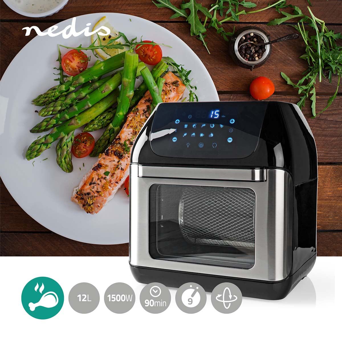 Nedis Hot Air Fryer | 12 l | Timer: 60 min | Number of preset programs: 9 | Digital | Black