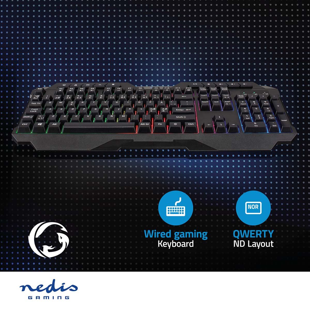 Nedis Wired Gaming Keyboard | USB Type-A | Membrane Keys | LED | QWERTY | ND Layout | USB Powered | Power cable length: 1.30 m | Multimedia