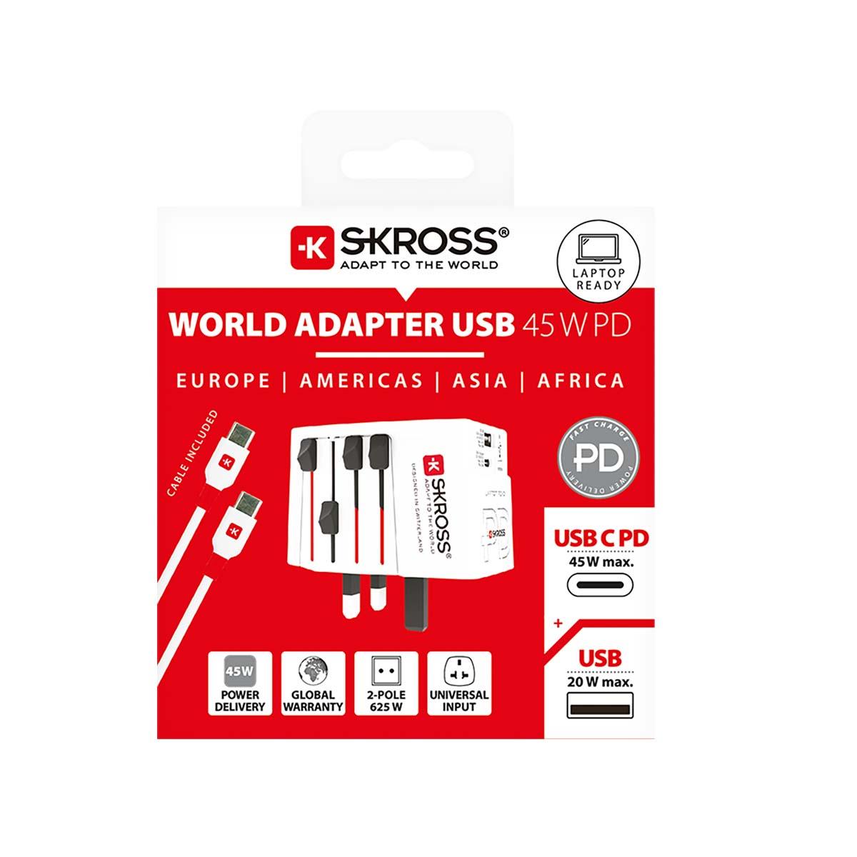 Skross Travel Adapter 2-Pole World travel adapter with integrated Dual USB Charger (1x USB C & 1 x USB) 45 Watt Power Delivery