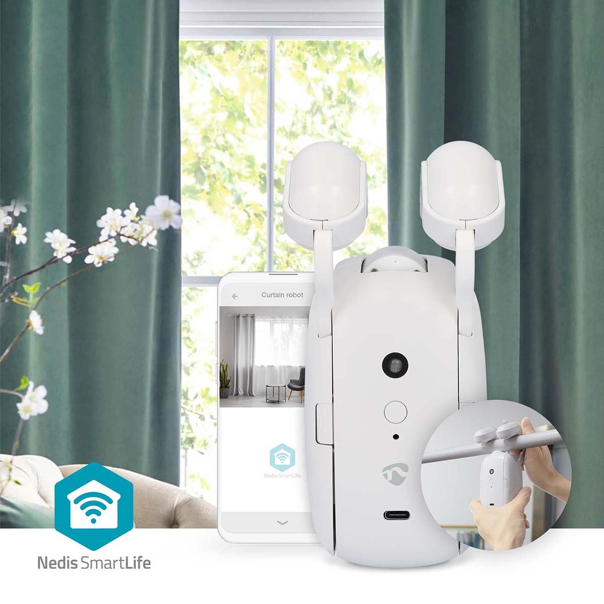 Nedis SmartLife Curtain Robot | Rod Rail | Curtains / Drapes | Battery Powered / USB Powered | 4000 mAh | Bluetooth® | White