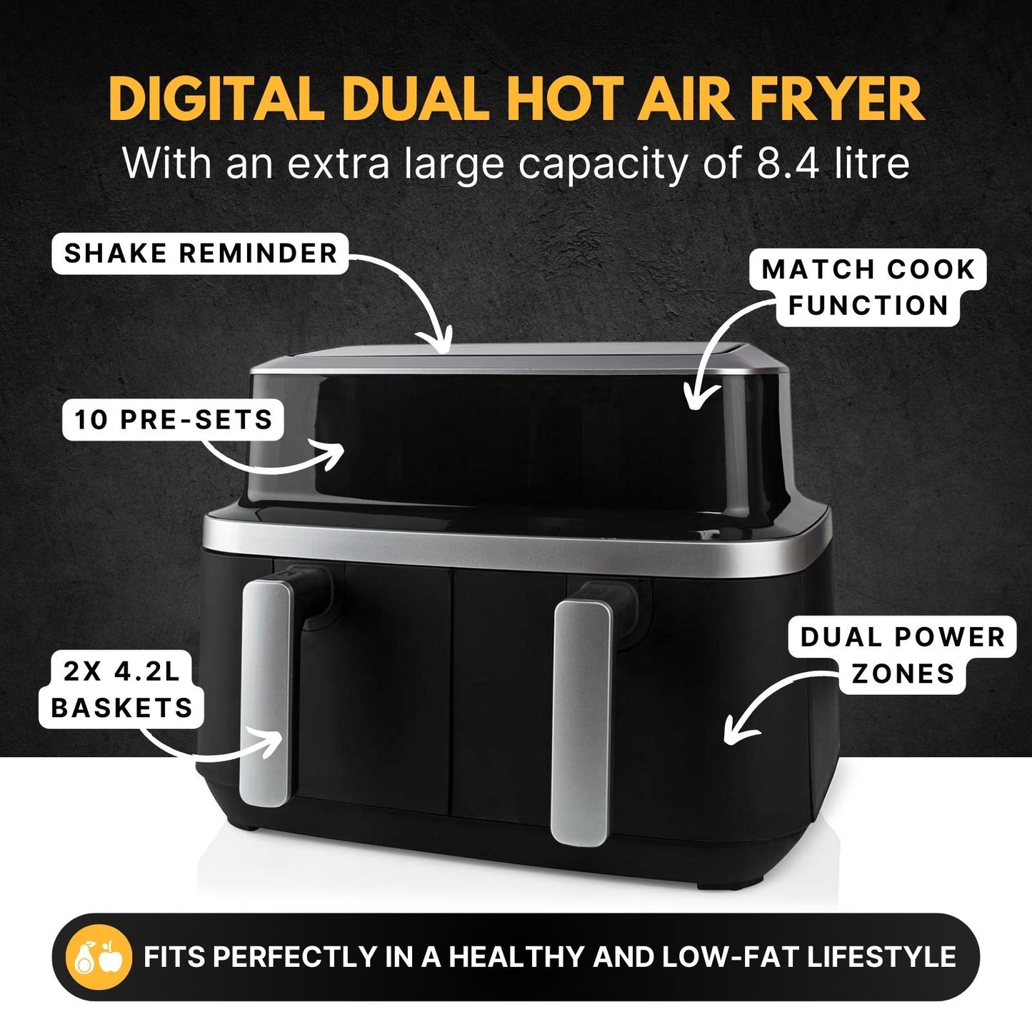 Nedis Hot Air Fryer | 2x4.2 l | Timer: 60 min | Number of preset programs: 10 | Digital